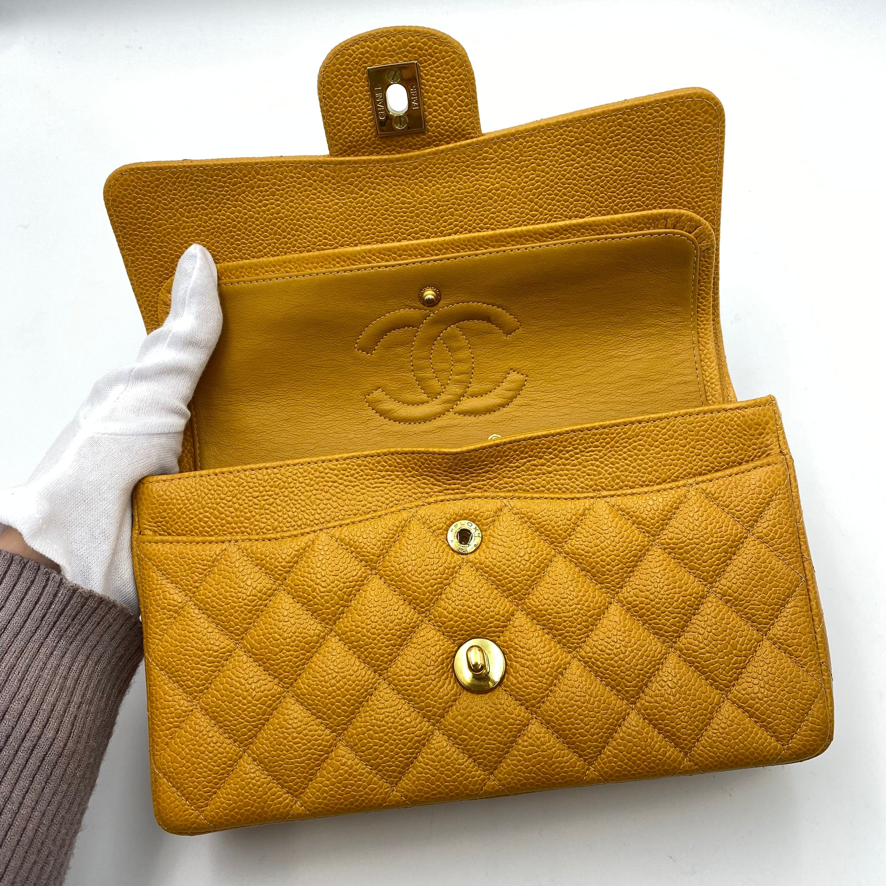 CHANEL CHANEL VINTAGE CLASSIC FLAP SMALL CHAIN SHOULDER BAG YELLOW CAVIAR SKIN 90223186