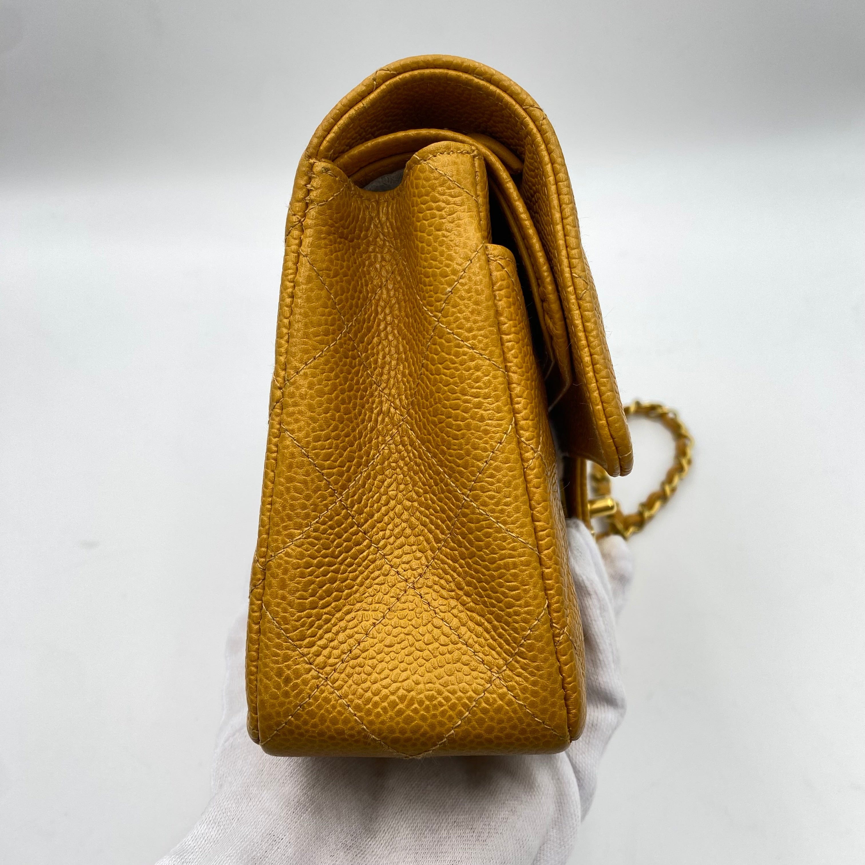 CHANEL CHANEL VINTAGE CLASSIC FLAP SMALL CHAIN SHOULDER BAG YELLOW CAVIAR SKIN 90223186