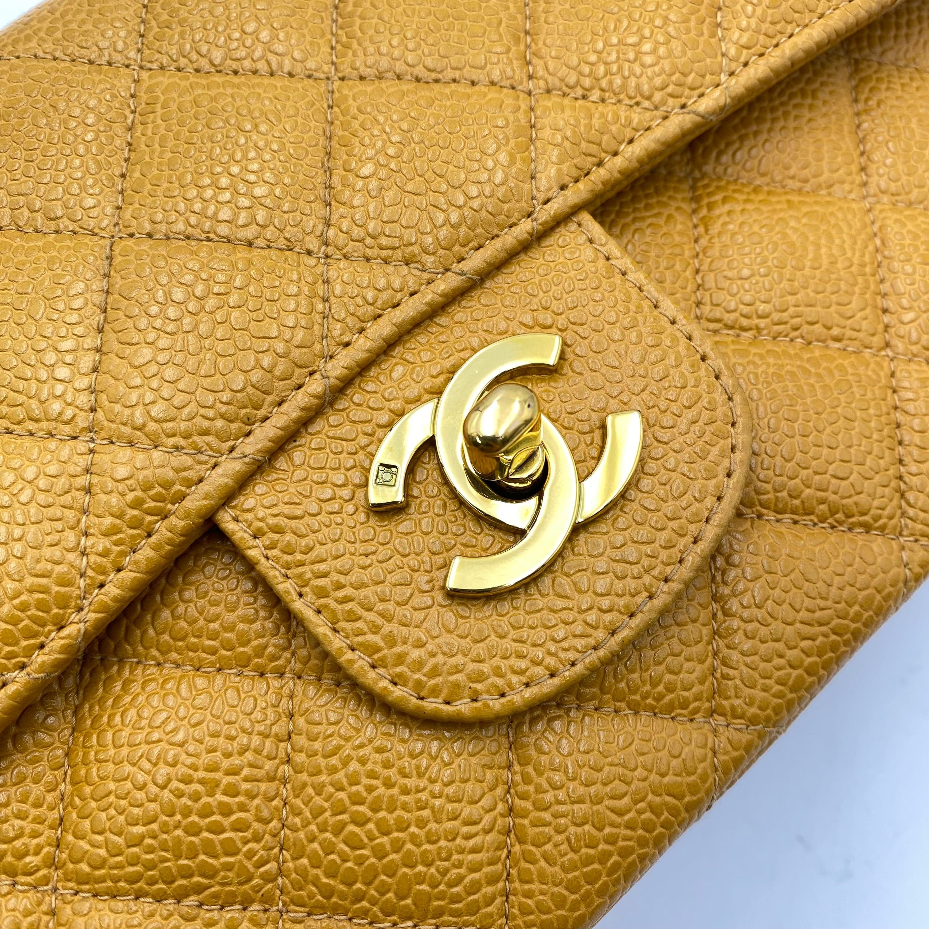 CHANEL CHANEL VINTAGE CLASSIC FLAP SMALL CHAIN SHOULDER BAG YELLOW CAVIAR SKIN 90223186
