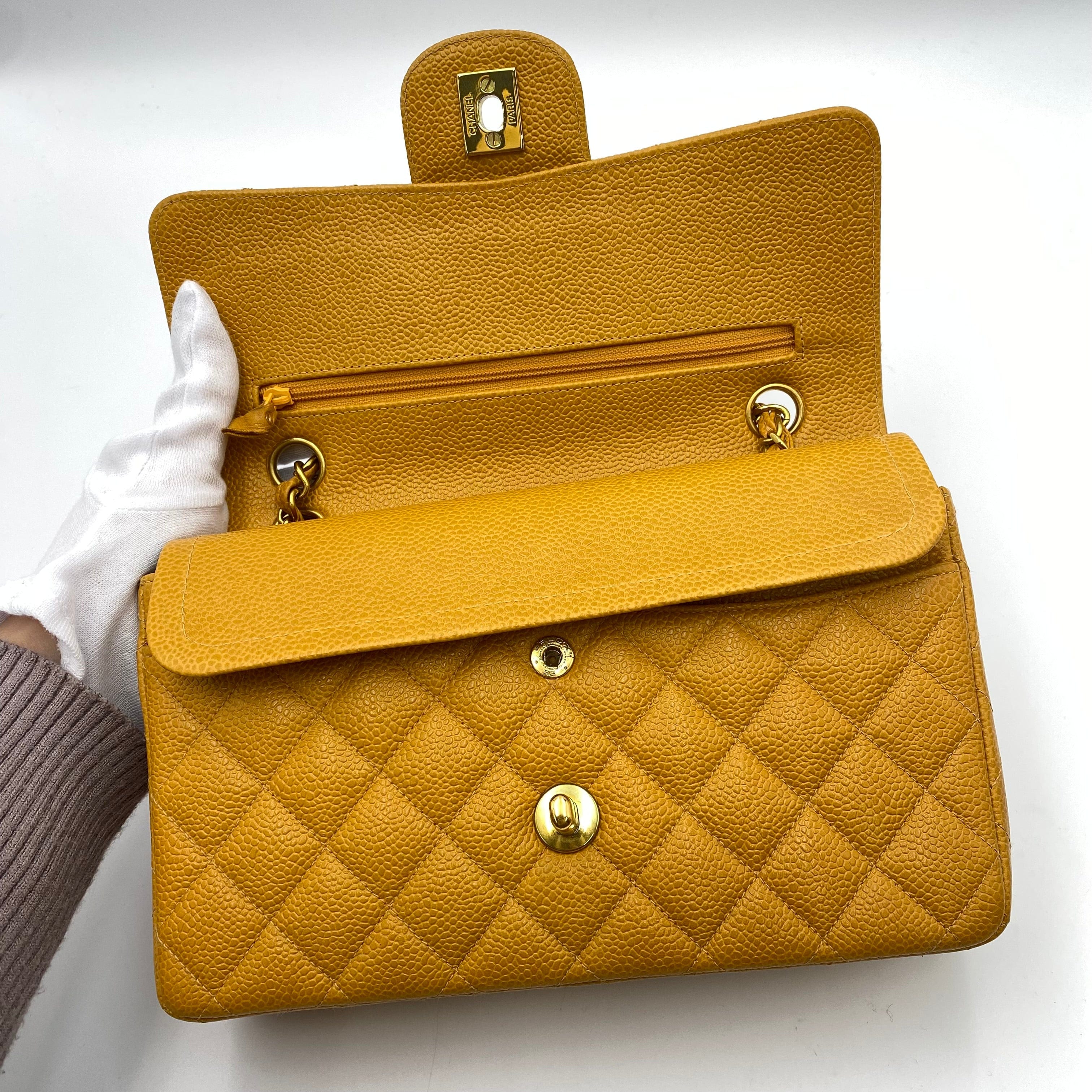 CHANEL CHANEL VINTAGE CLASSIC FLAP SMALL CHAIN SHOULDER BAG YELLOW CAVIAR SKIN 90223186