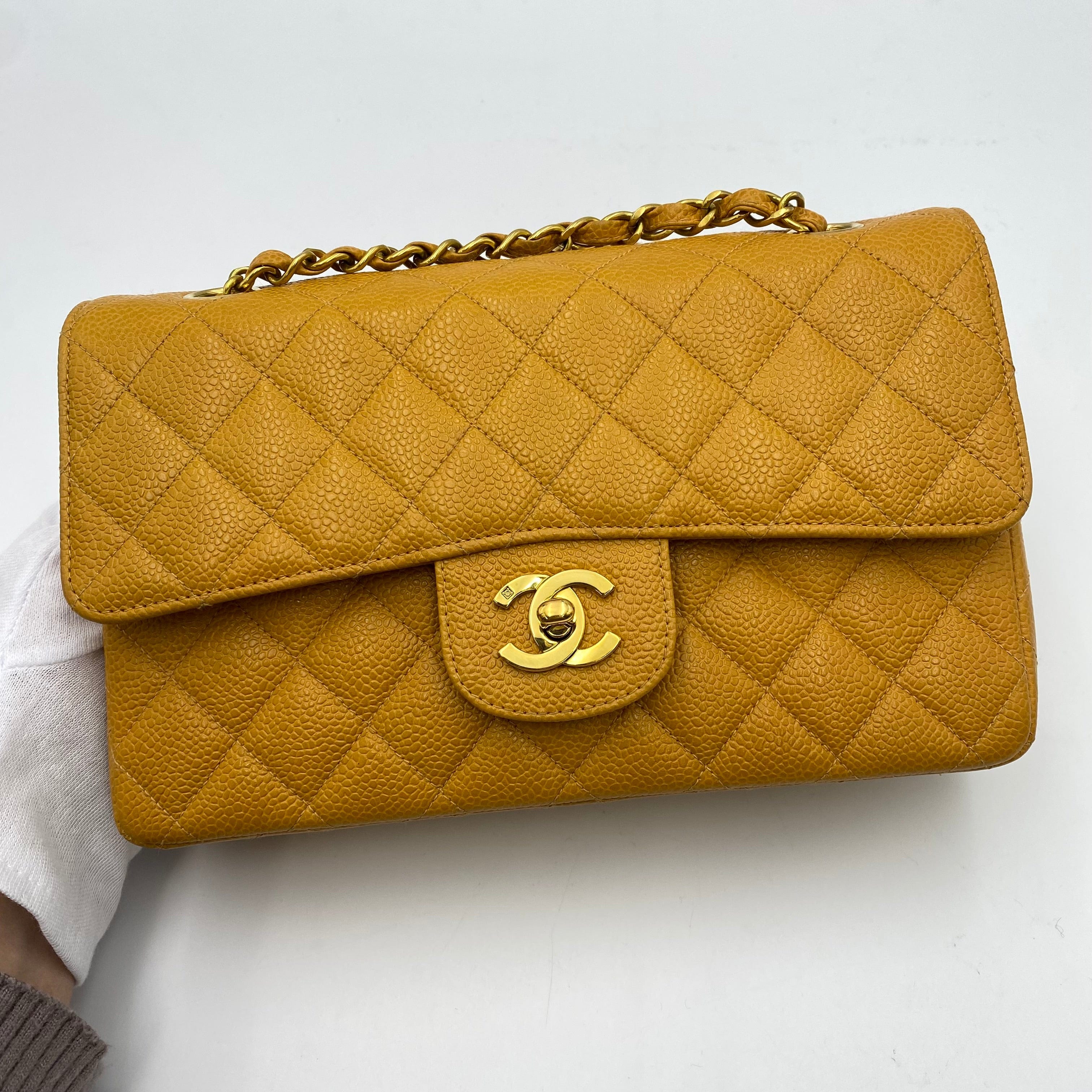 CHANEL CHANEL VINTAGE CLASSIC FLAP SMALL CHAIN SHOULDER BAG YELLOW CAVIAR SKIN 90223186