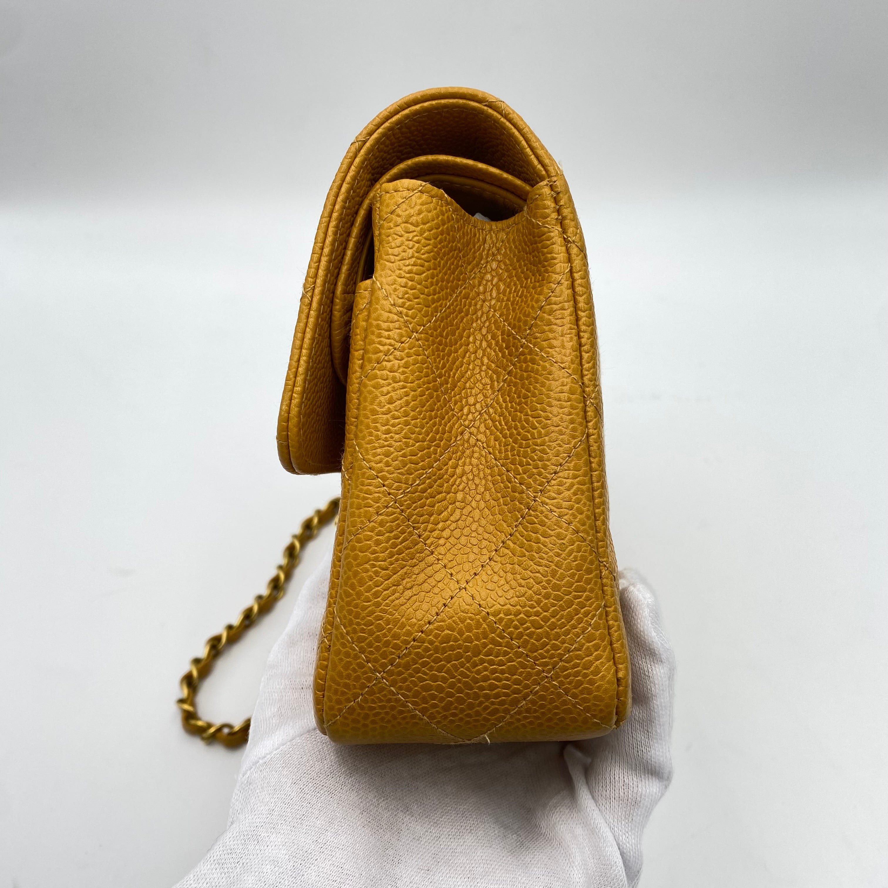 CHANEL CHANEL VINTAGE CLASSIC FLAP SMALL CHAIN SHOULDER BAG YELLOW CAVIAR SKIN 90223186