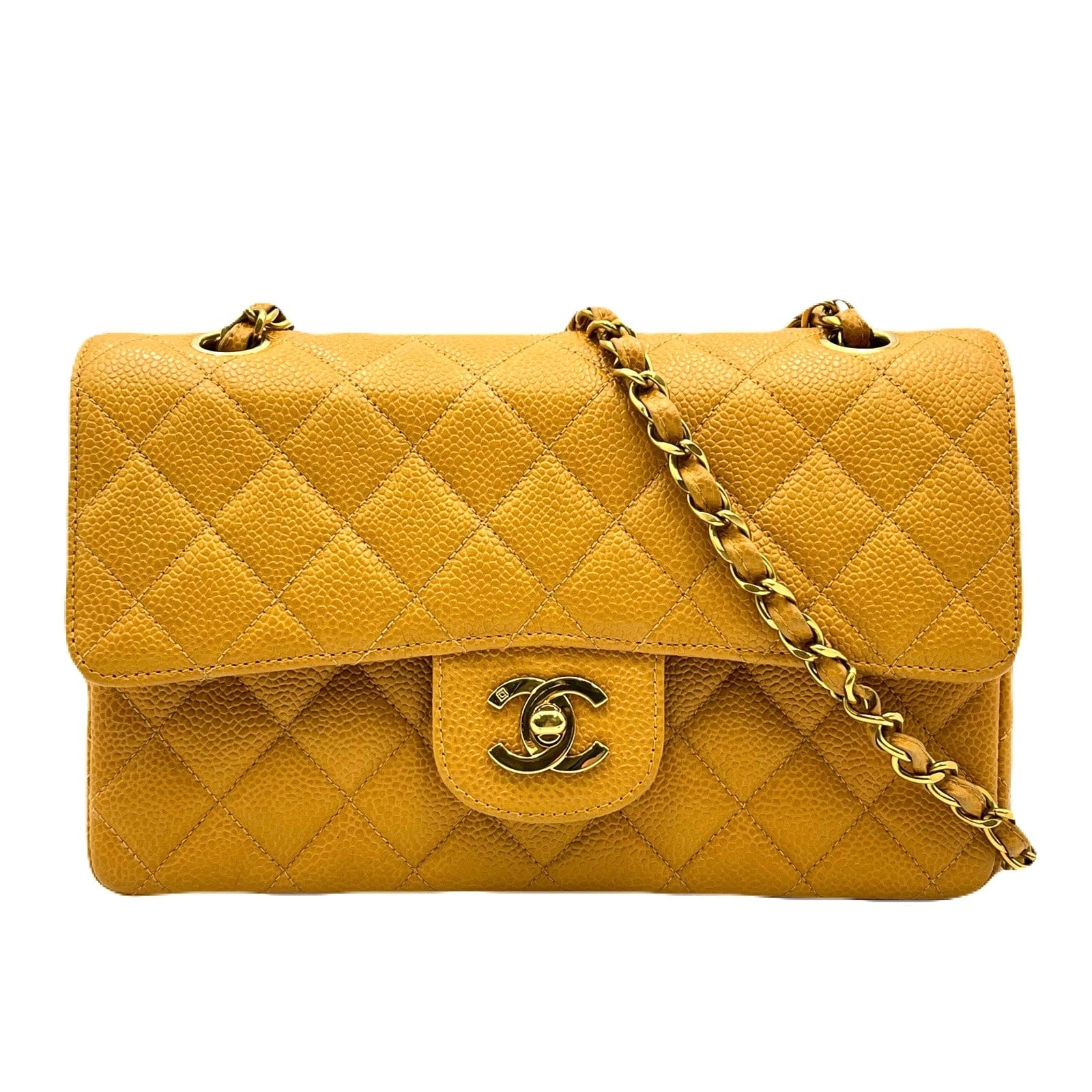 CHANEL CHANEL VINTAGE CLASSIC FLAP SMALL CHAIN SHOULDER BAG YELLOW CAVIAR SKIN 90223186