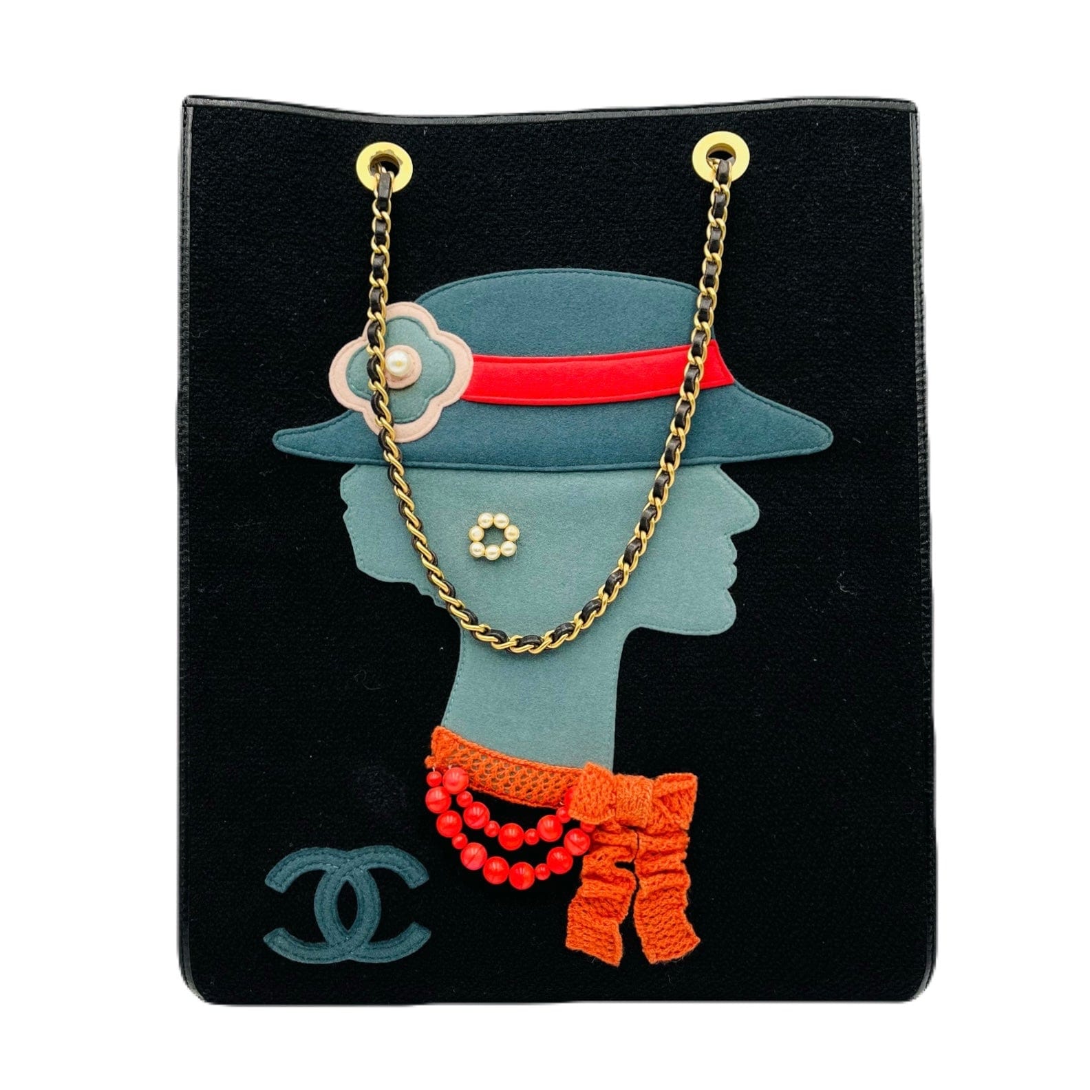 Chanel CHANEL VINTAGE COCO MOTIF MADEMOISELLE CHAIN TOTE BAG BLACK CANVAS LEATHER 90195778