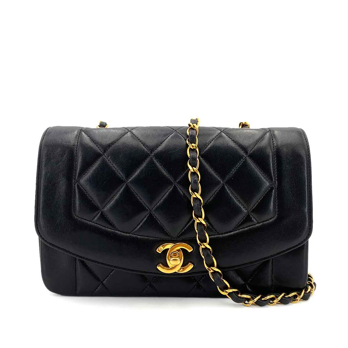 CHANEL CHANEL VINTAGE DIANA SMALL CHAIN SHOULDER BAG BLACK LAMB SKIN 90245045