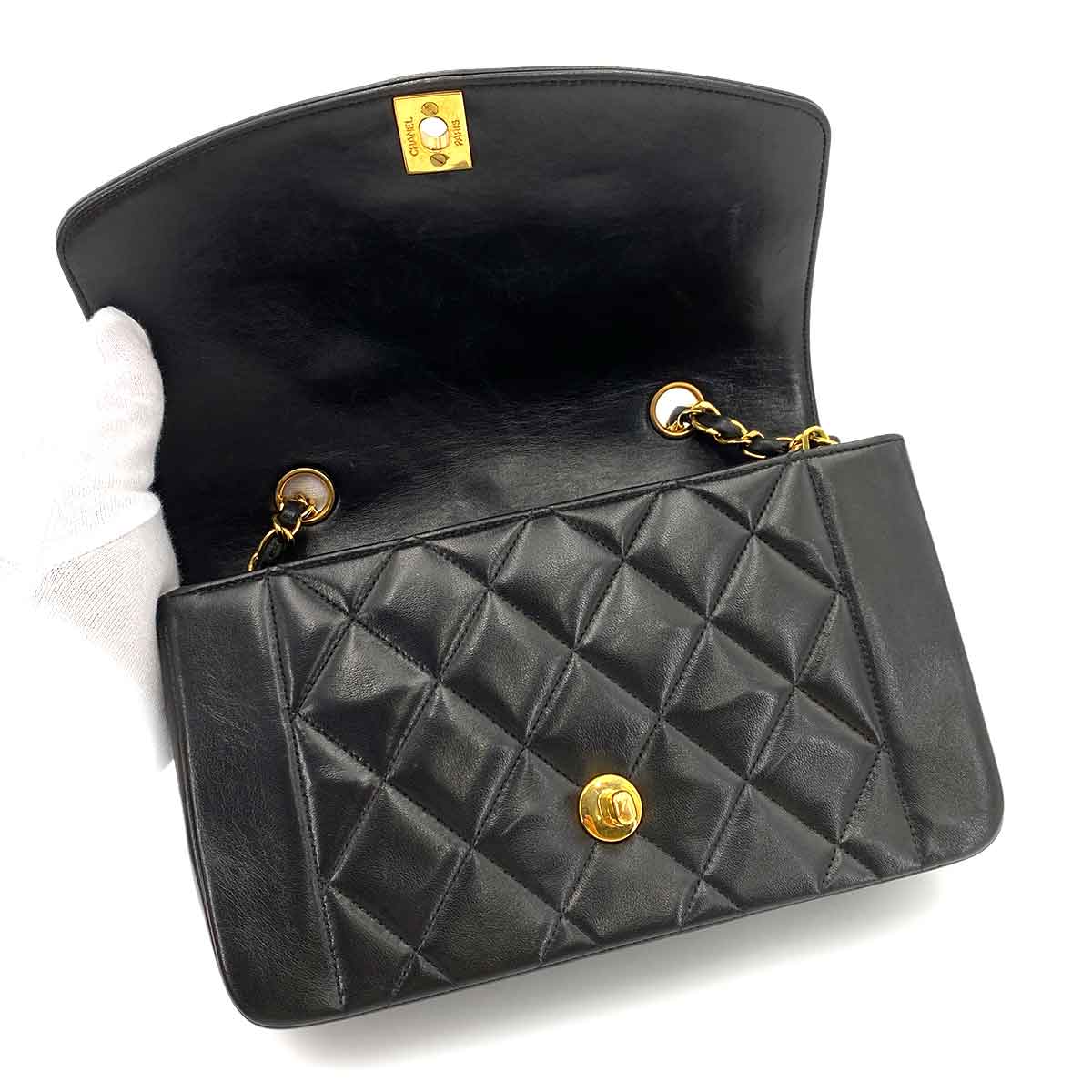 CHANEL CHANEL VINTAGE DIANA SMALL CHAIN SHOULDER BAG BLACK LAMB SKIN 90245045