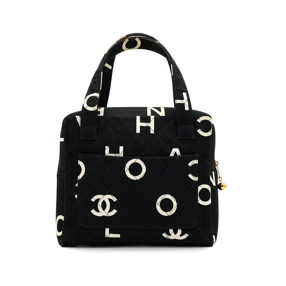CHANEL CHANEL VINTAGE MATELASSE LOGO HAND BAG BLACK WHITE CANVAS 90306000