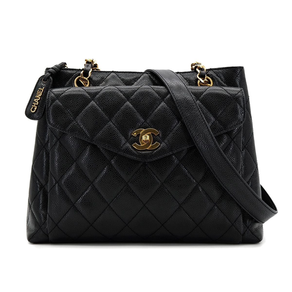 CHANEL CHANEL VINTAGE MATELLASSE TURN LOCK CHAIN TOTE BAG BLACK CAVIAR SKIN 90306385