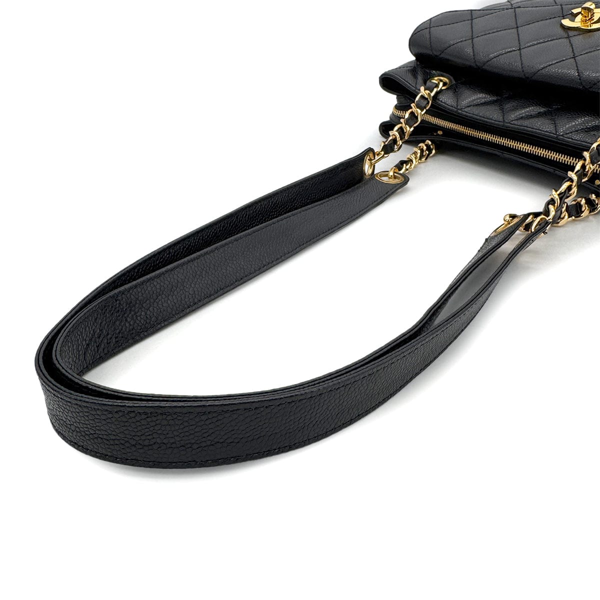 CHANEL CHANEL VINTAGE MATELLASSE TURN LOCK CHAIN TOTE BAG BLACK CAVIAR SKIN 90306385