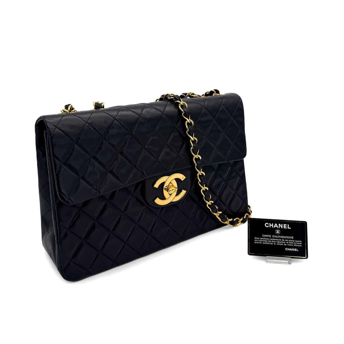 CHANEL CHANEL VINTAGE MAXI MATELASSE 34 CHAIN SHOULDER BAG BLACK LAMB SKIN 90307997