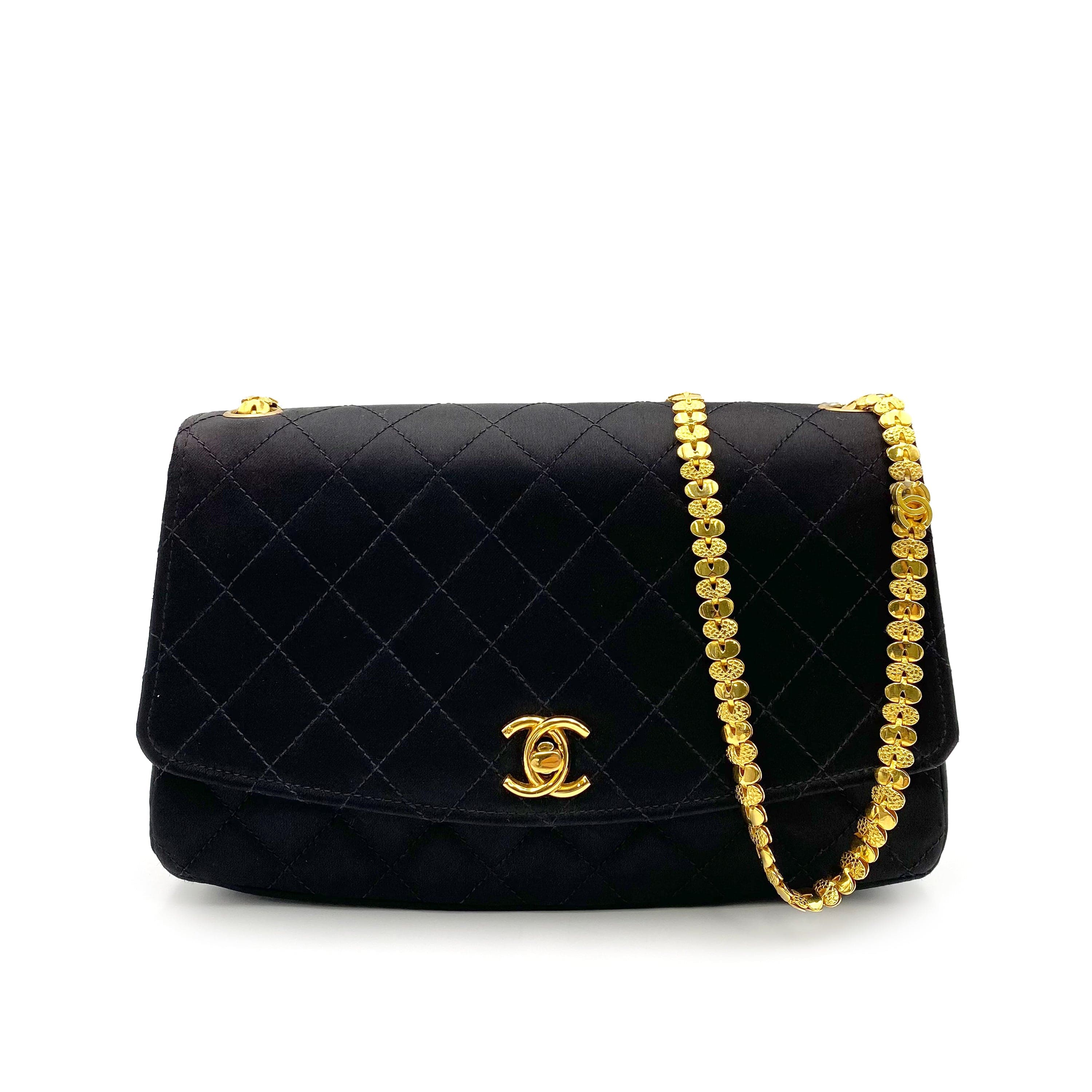 Chanel CHANEL VINTAGE METAL CHAIN SHOULDER BAG BLACK SATIN 90231954