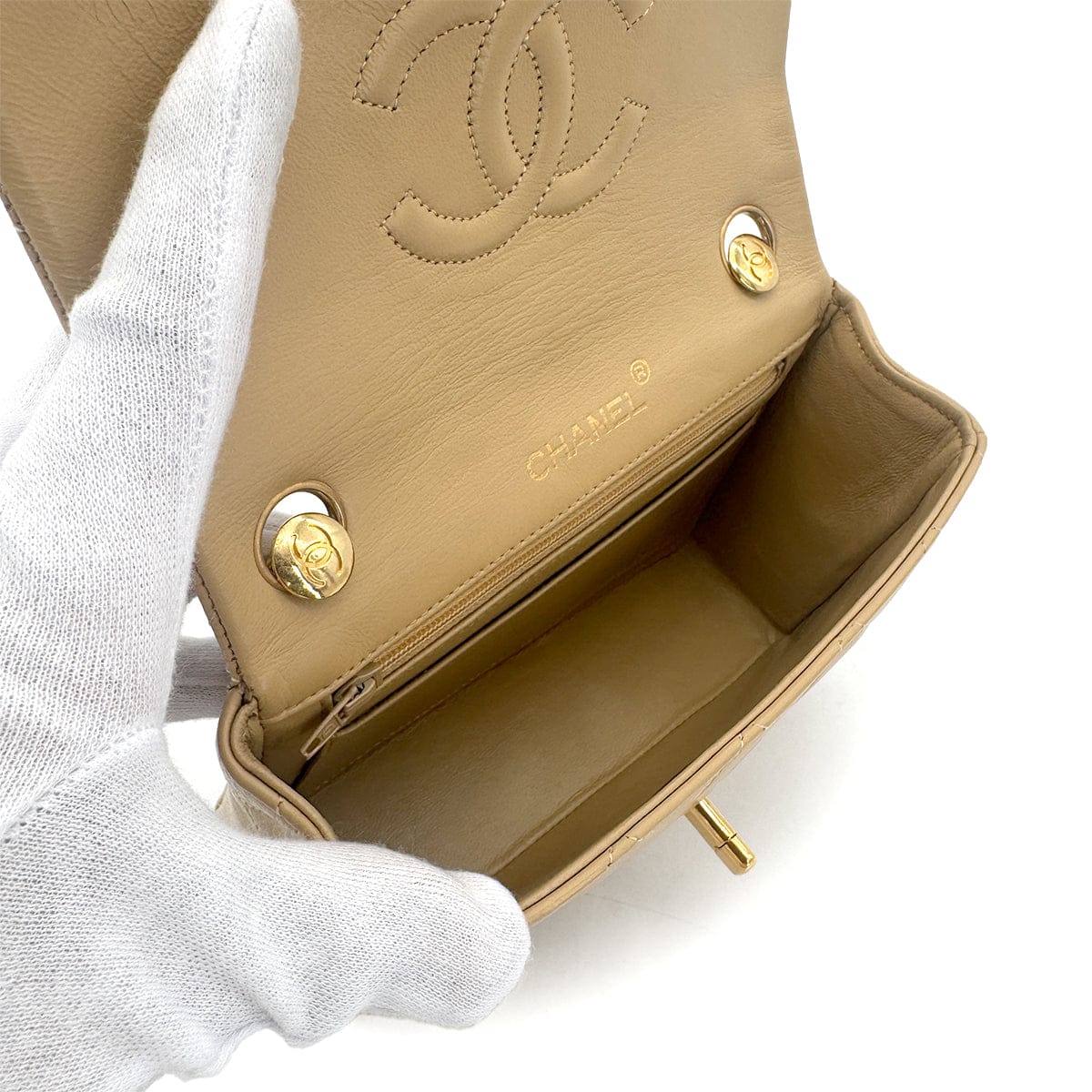 CHANEL CHANEL VINTAGE MINI SQUARE 17 CHAIN HAND BAG BEIGE LAMB SKIN 90265880