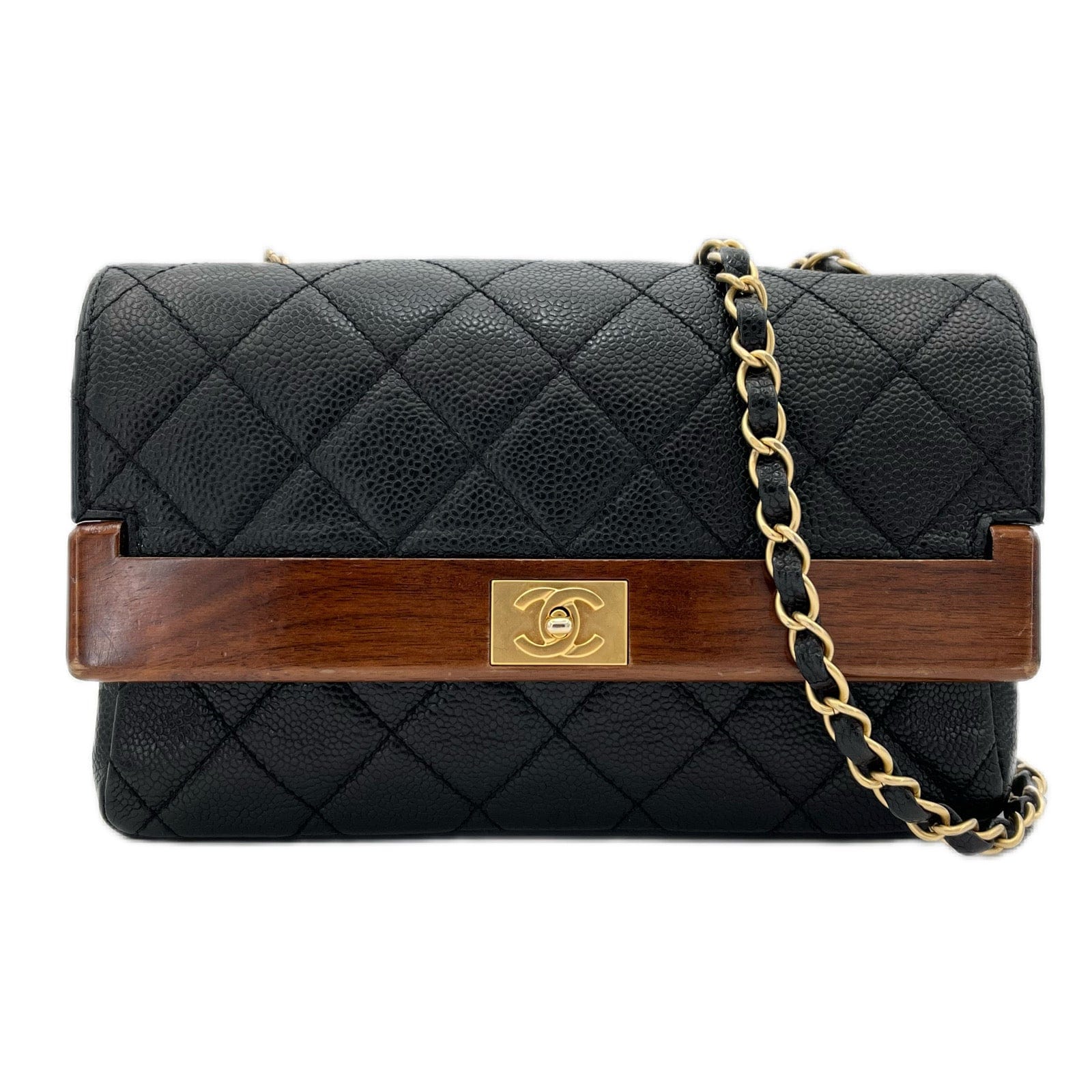 Chanel CHANEL VINTAGE WOOD FLAP CHAIN SHOULDER BAG BLACK CAVIAR SKIN 90213611
