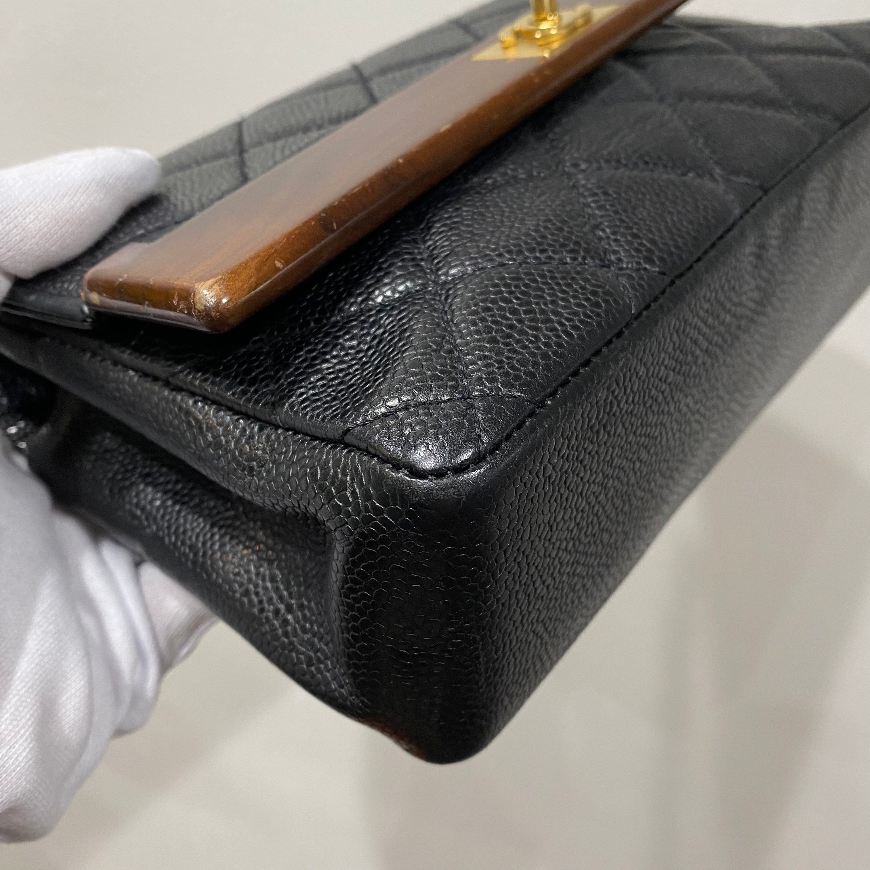 Chanel CHANEL VINTAGE WOOD FLAP CHAIN SHOULDER BAG BLACK CAVIAR SKIN 90213611