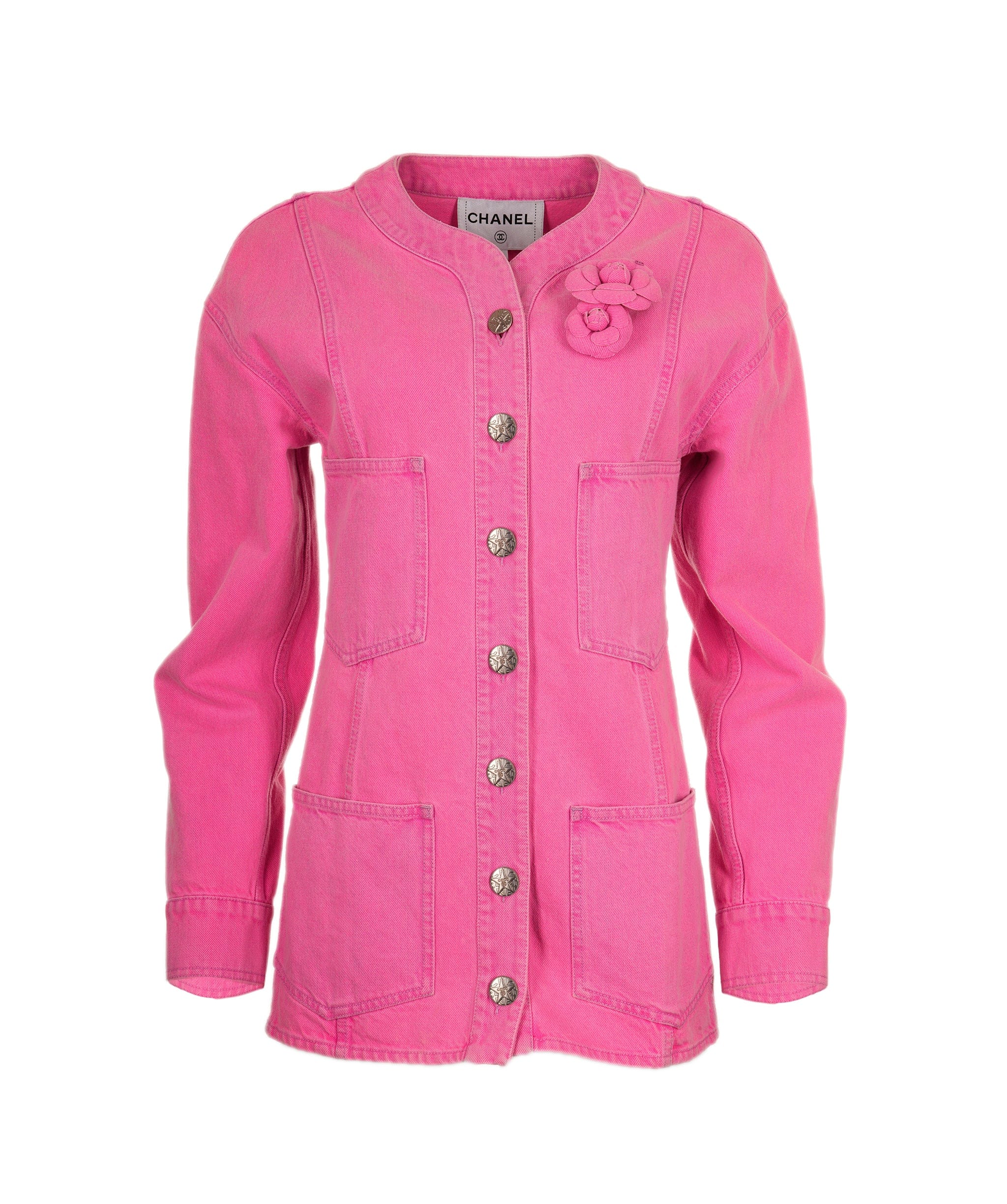 Chanel Jacket long denim neon pink with camelias 21S FR36 P70707V62121  AVC1709