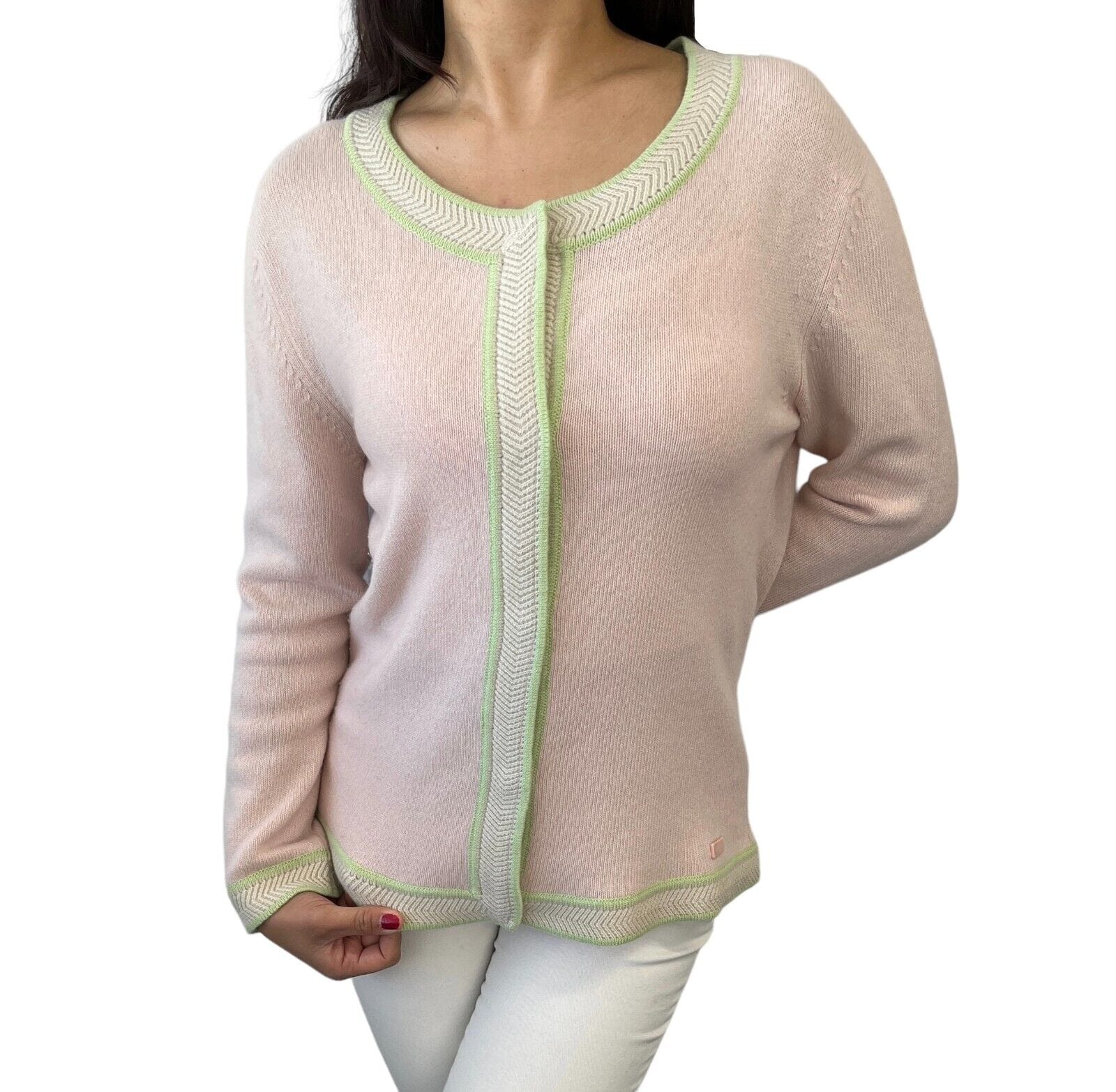chanel CHANEL Vintage 03P Logo Knit Cardigan #42 Sweater Pink Green Cashmere Button