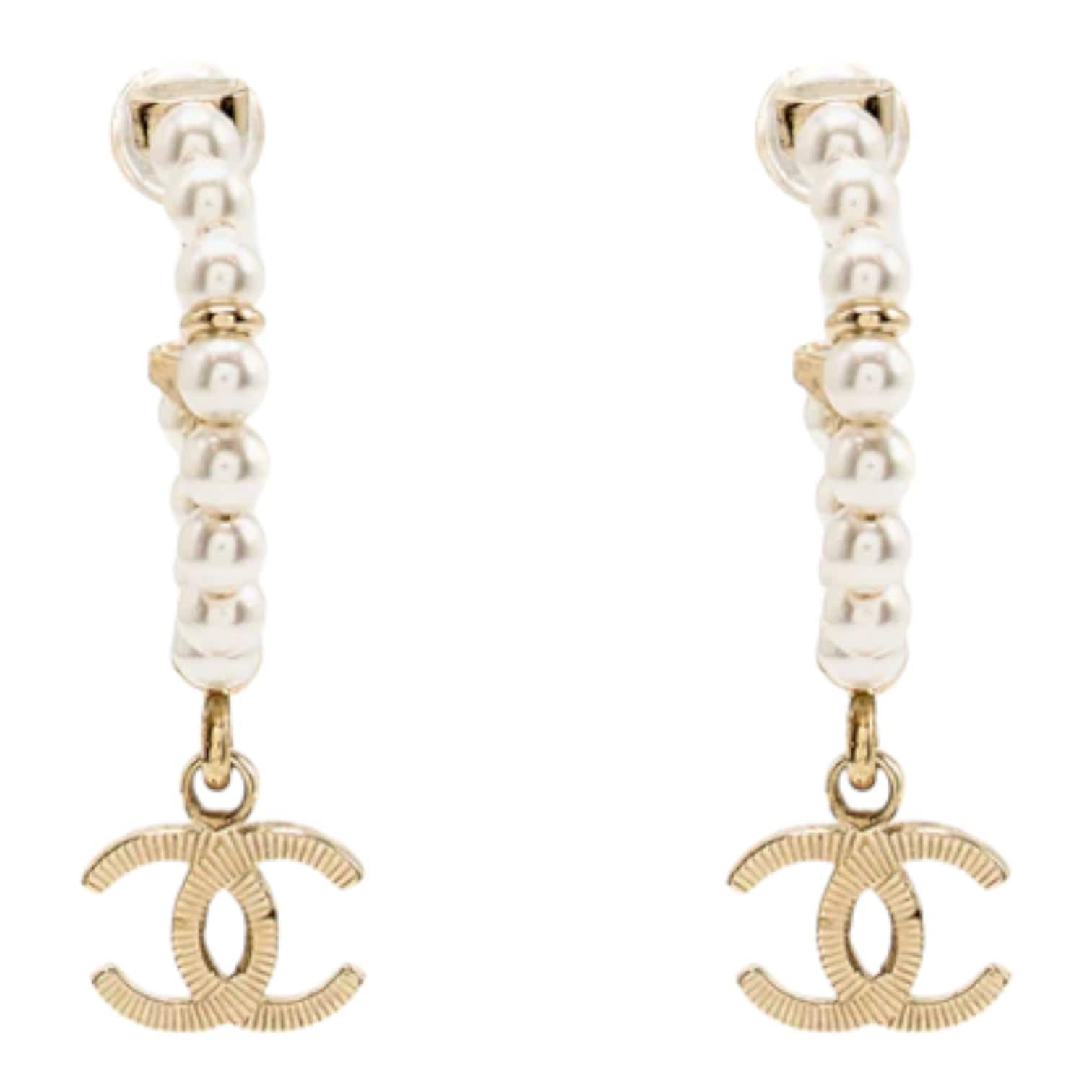 Chanel Chanel CC Drop Hoop Earrings Pearl Light Gold Tone - in Box