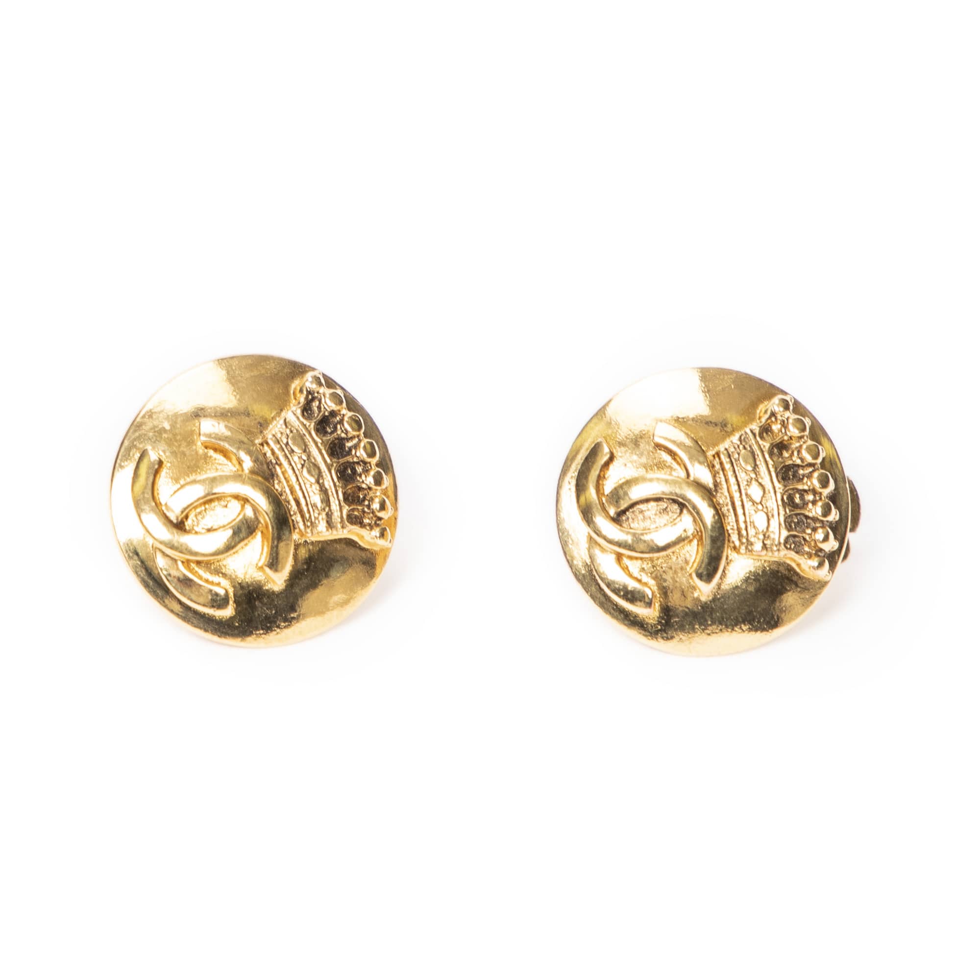 Chanel Chanel Gold Stainless Steel without Nickel CC Crown Round Clip On Earrings ABA7676