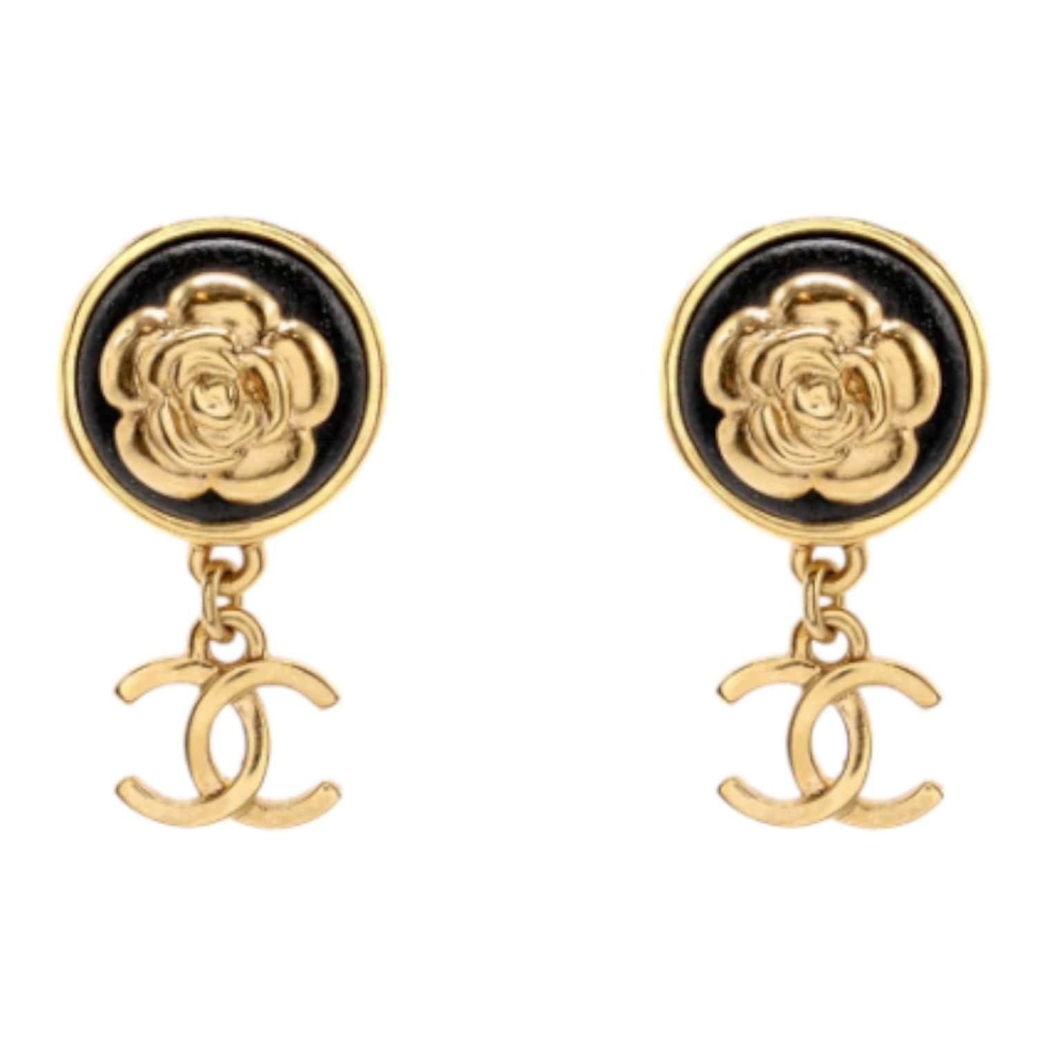 Chanel Chanel Round Camellia CC Drop Earrings Black Leather Gold Tone