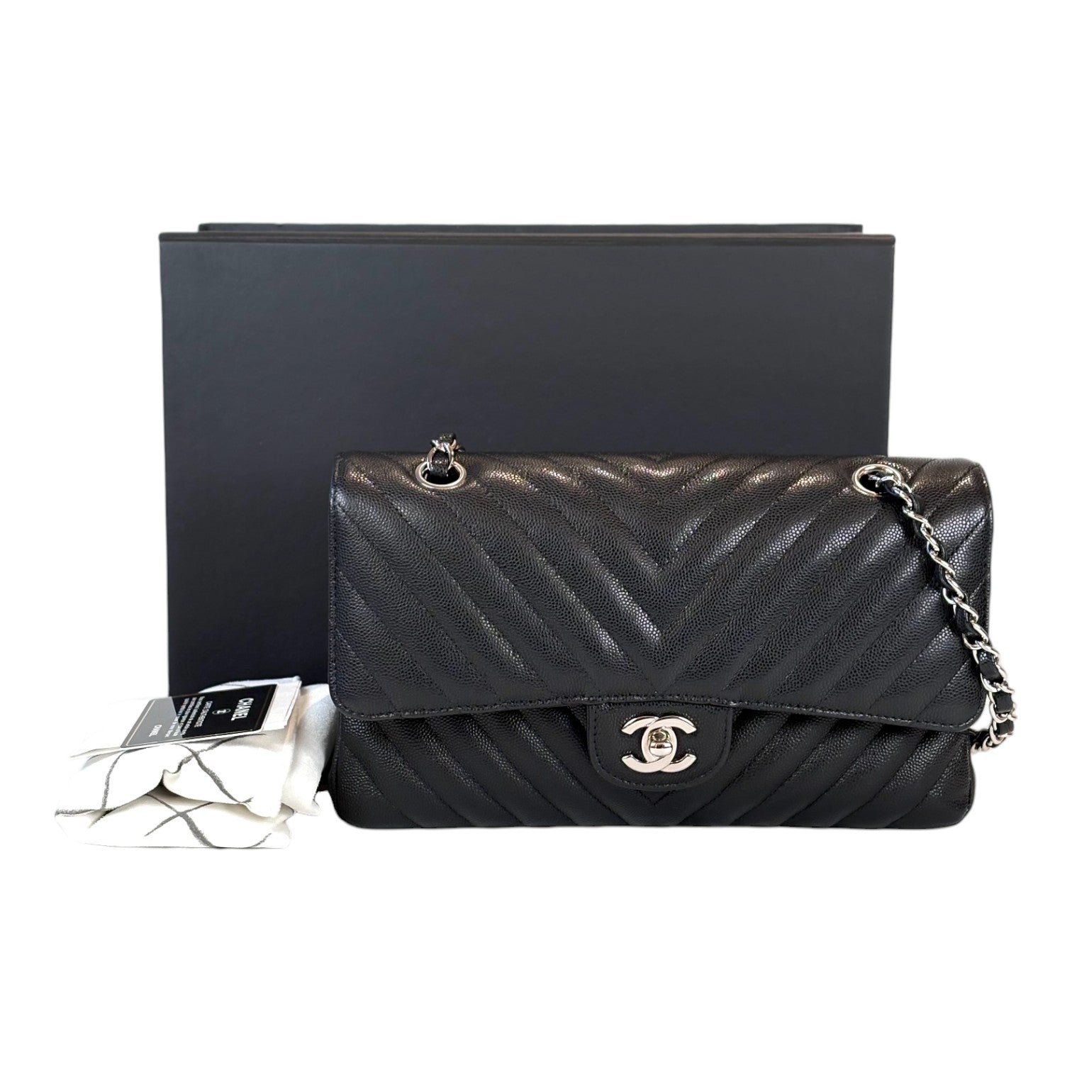Chanel Chanel Classic Flap Medium Black Silver Chevron in Caviar Bag