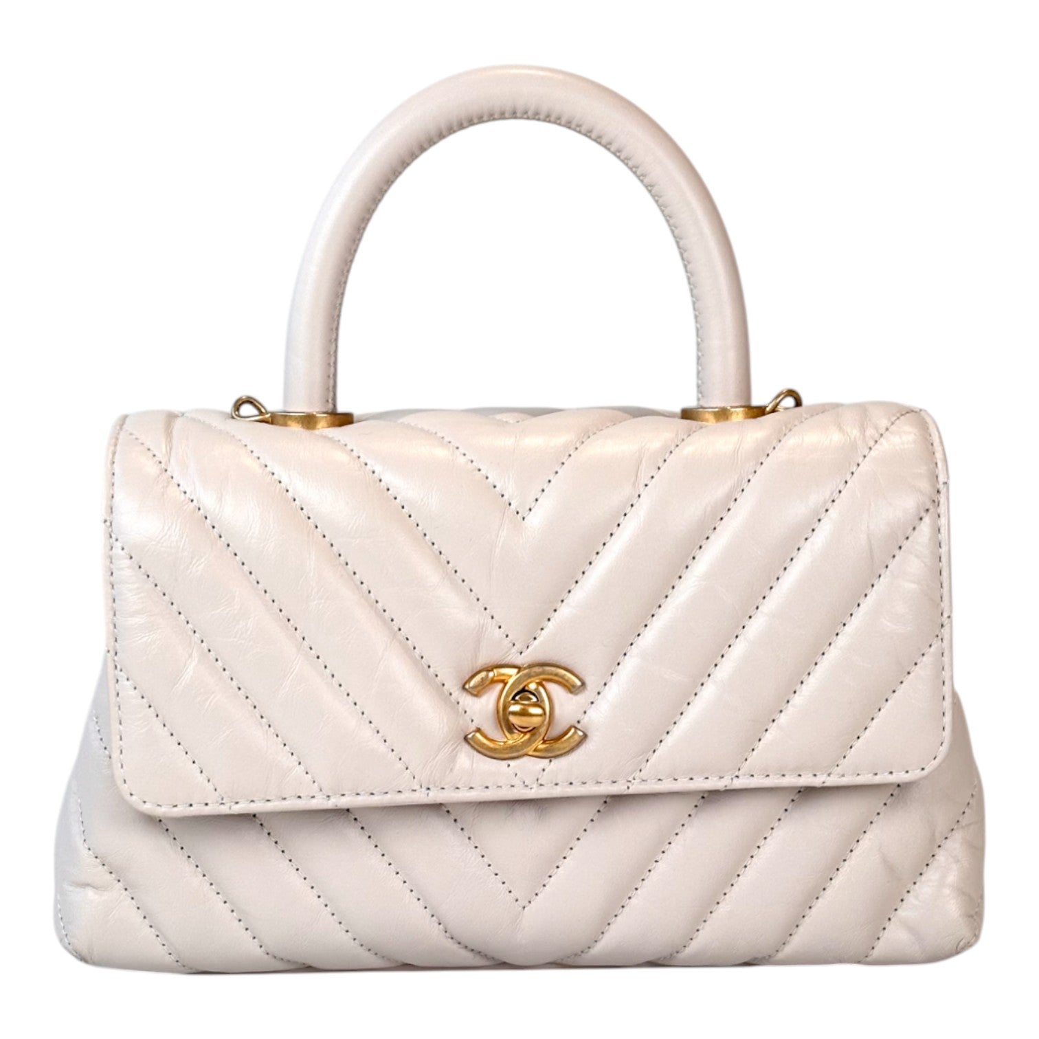 Chanel Chanel Cream Chevron Top Handle with GHW in Calfkin