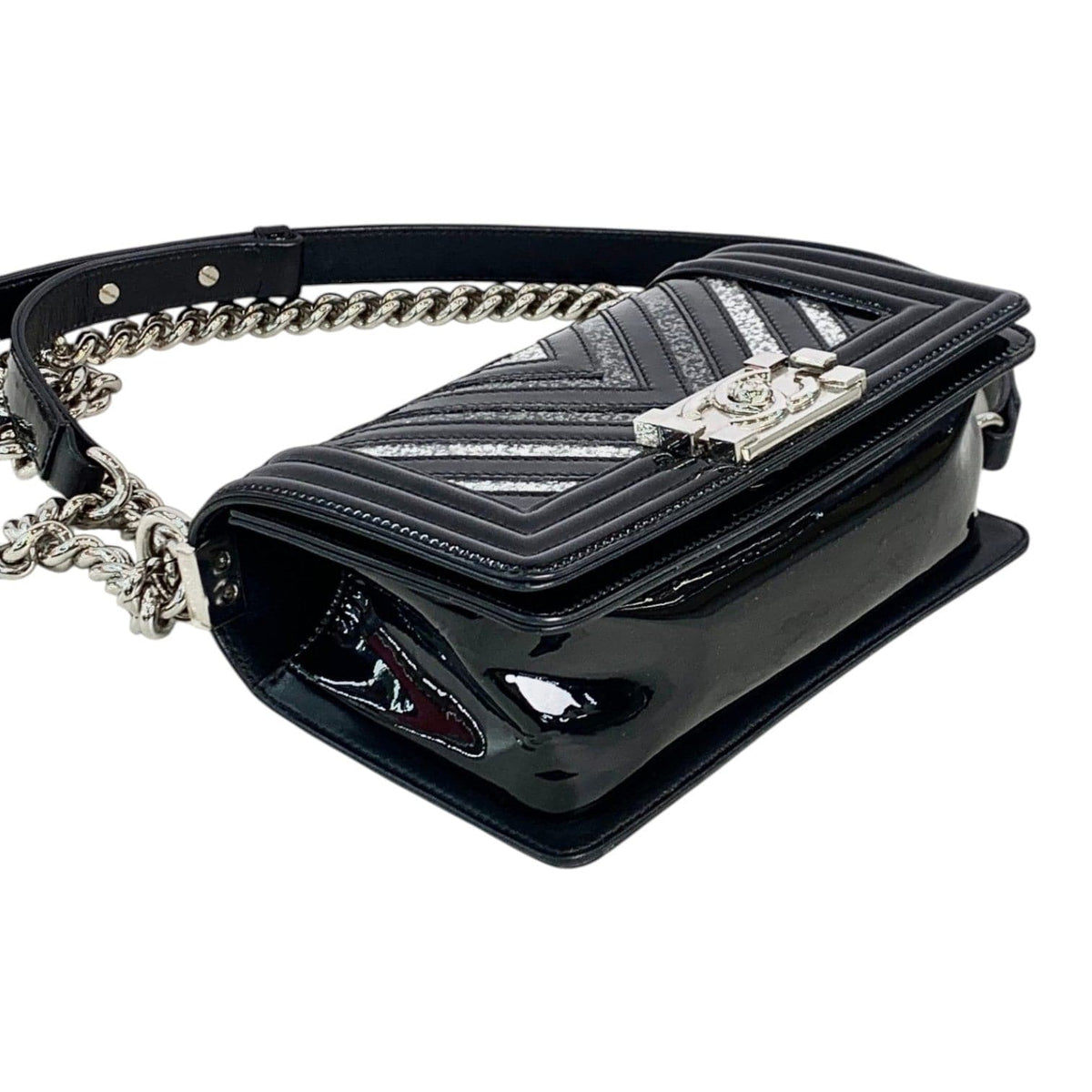 Chanel Chanel Small Chevron Sparkle Leboy Black Patent Bag