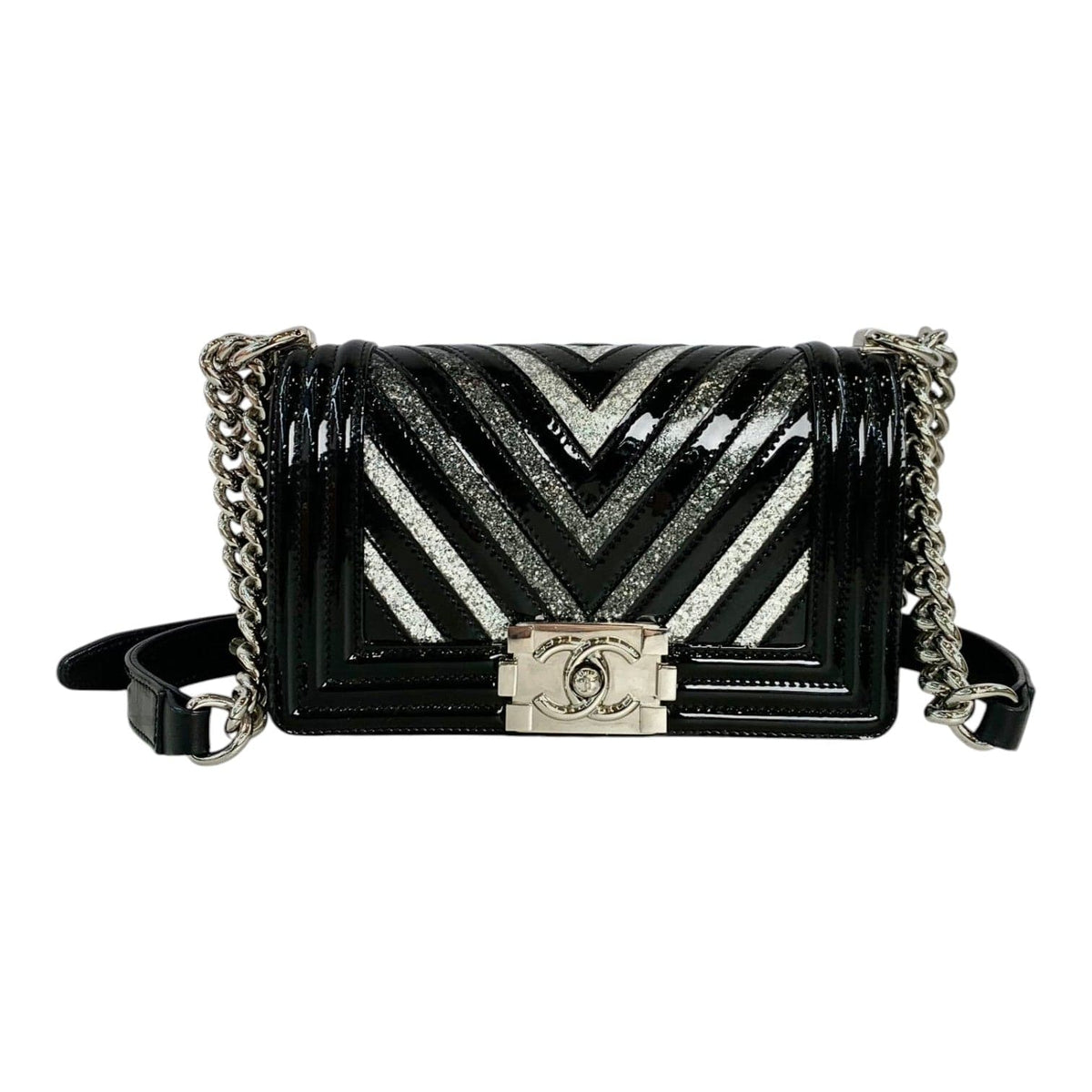 Chanel Chanel Small Chevron Sparkle Leboy Black Patent Bag
