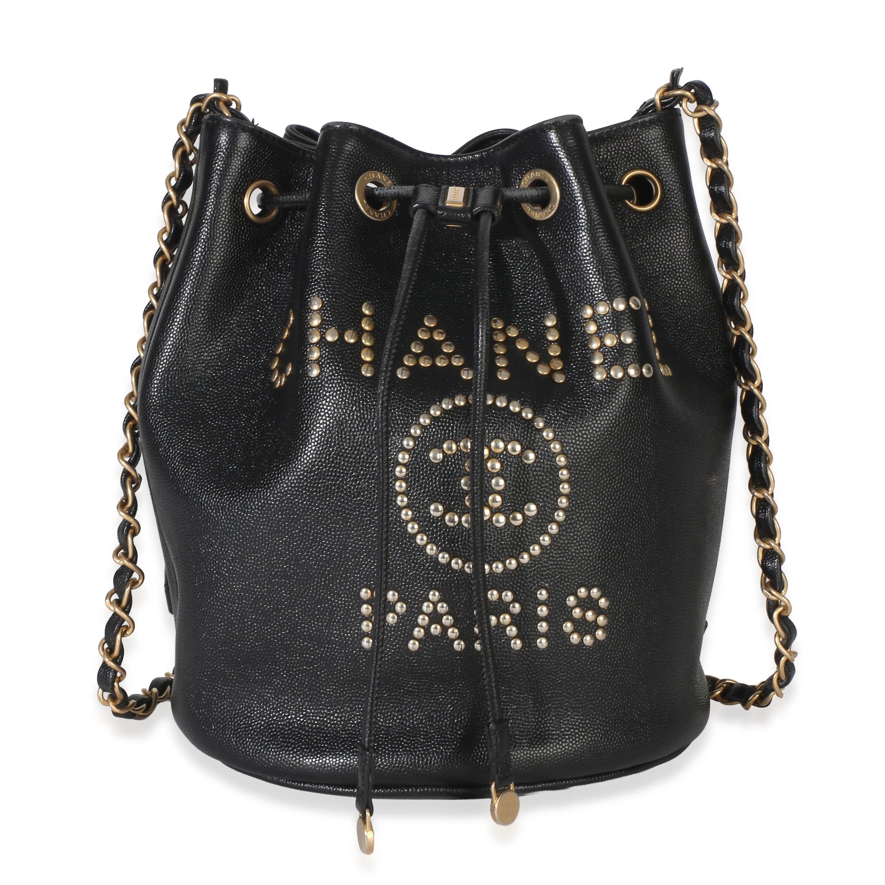 Chanel Black Caviar Studded Deauville Drawstring Bucket Bag