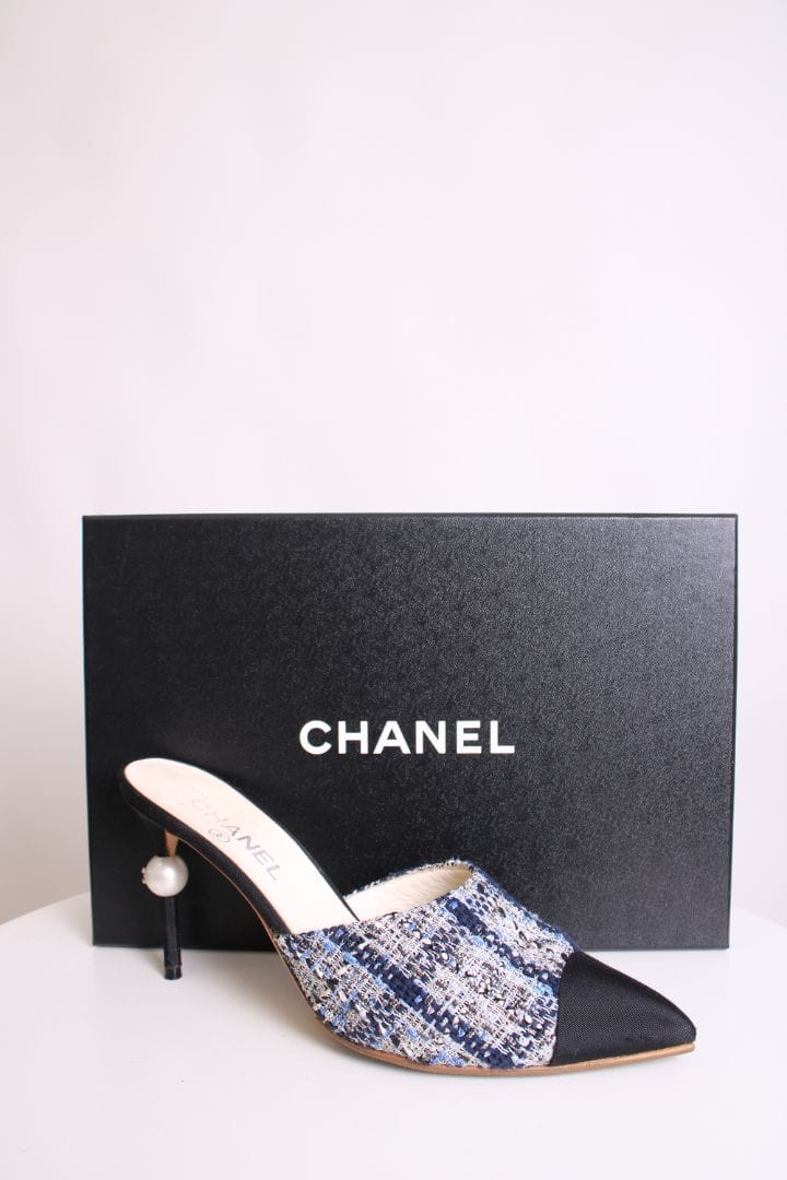 Chanel Chanel Tweed Pearl Heel Mules Navy/ Black 40