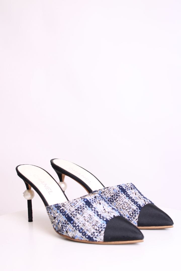Chanel Chanel Tweed Pearl Heel Mules Navy/ Black 40