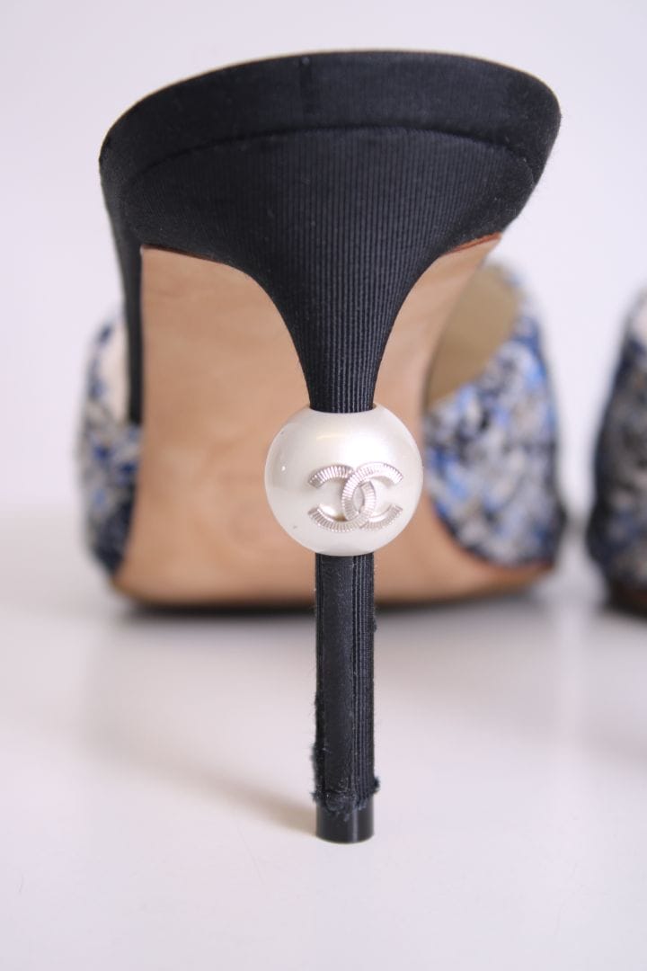 Chanel Chanel Tweed Pearl Heel Mules Navy/ Black 40