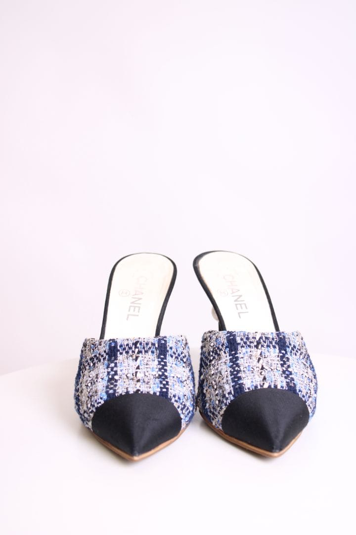 Chanel Chanel Tweed Pearl Heel Mules Navy/ Black 40