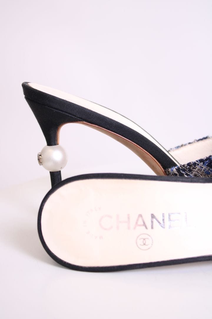 Chanel Chanel Tweed Pearl Heel Mules Navy/ Black 40