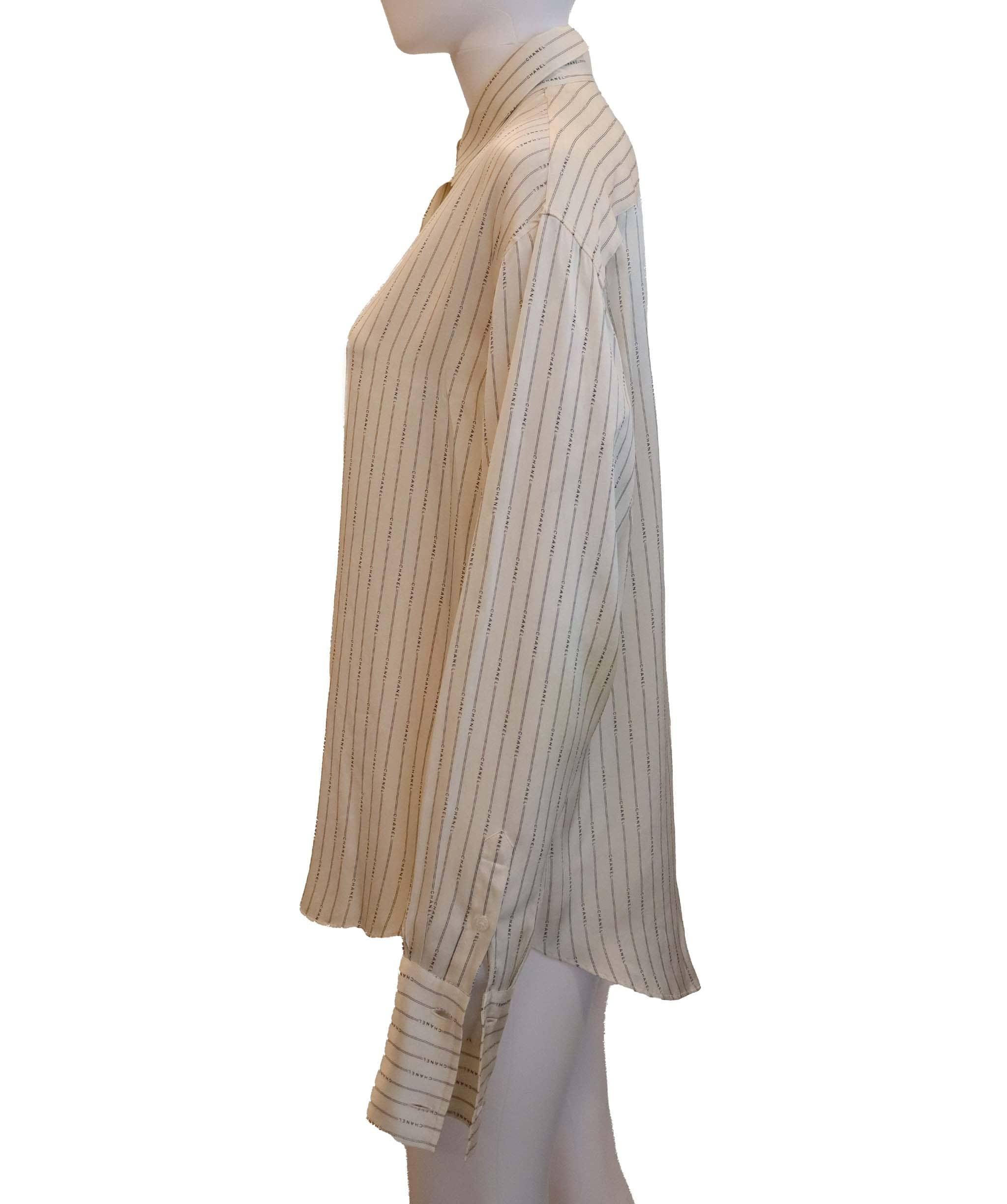 Chanel Chanel Logo Stripe Silk Shirt White DXBS6048
