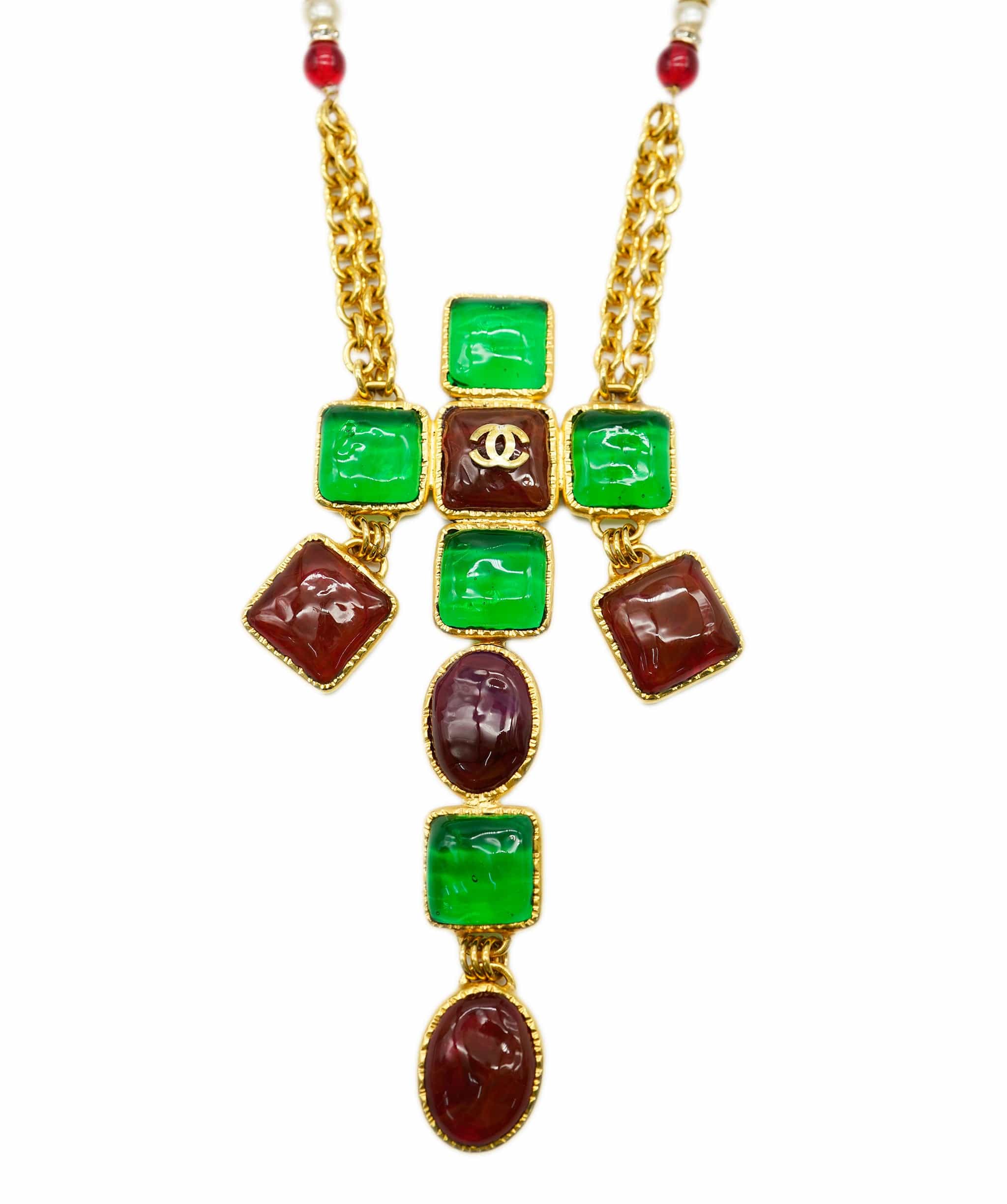 Chanel Chanel Red Green Gripoix Cross Necklace DBXS1265