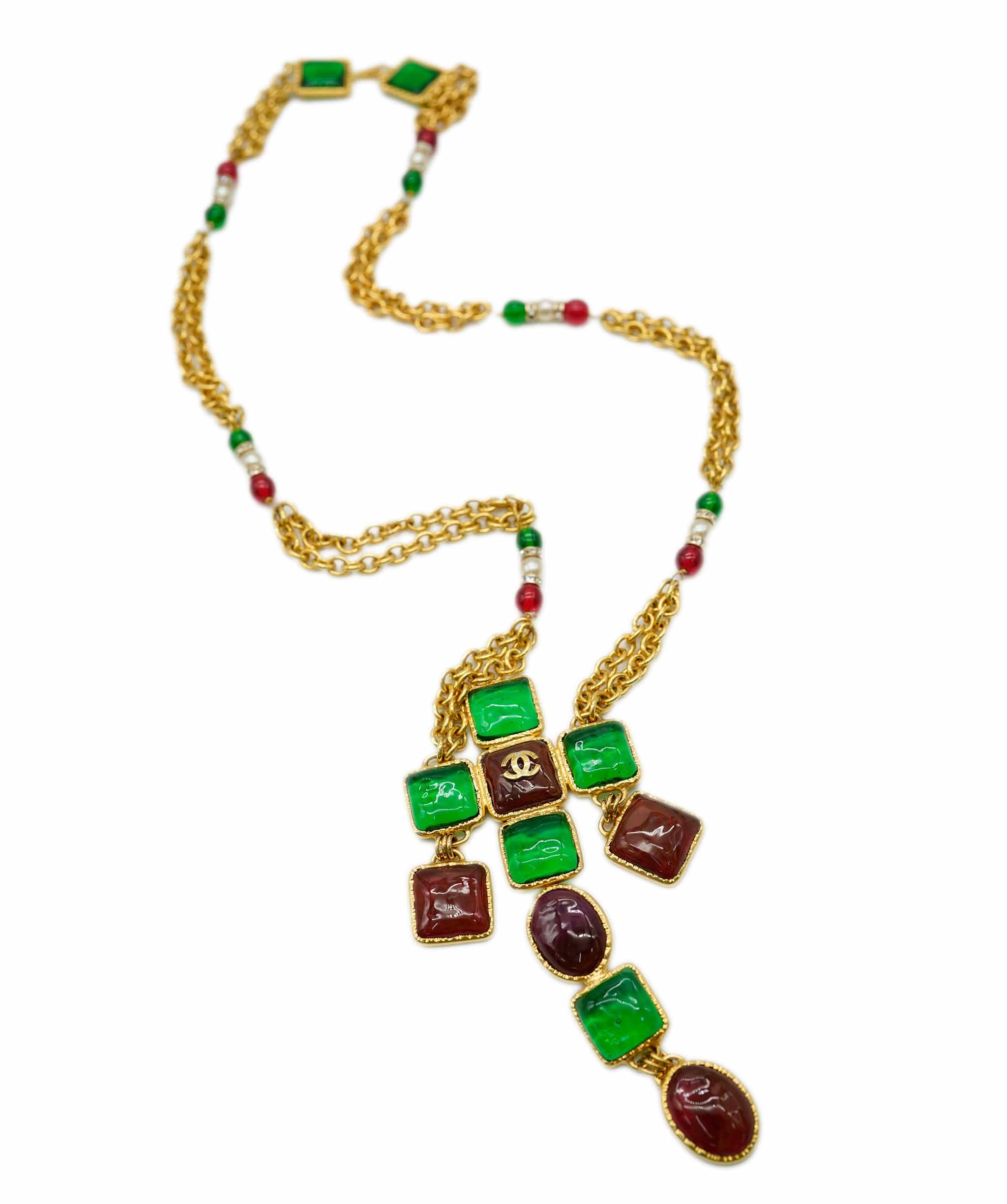 Chanel Chanel Red Green Gripoix Cross Necklace DBXS1265