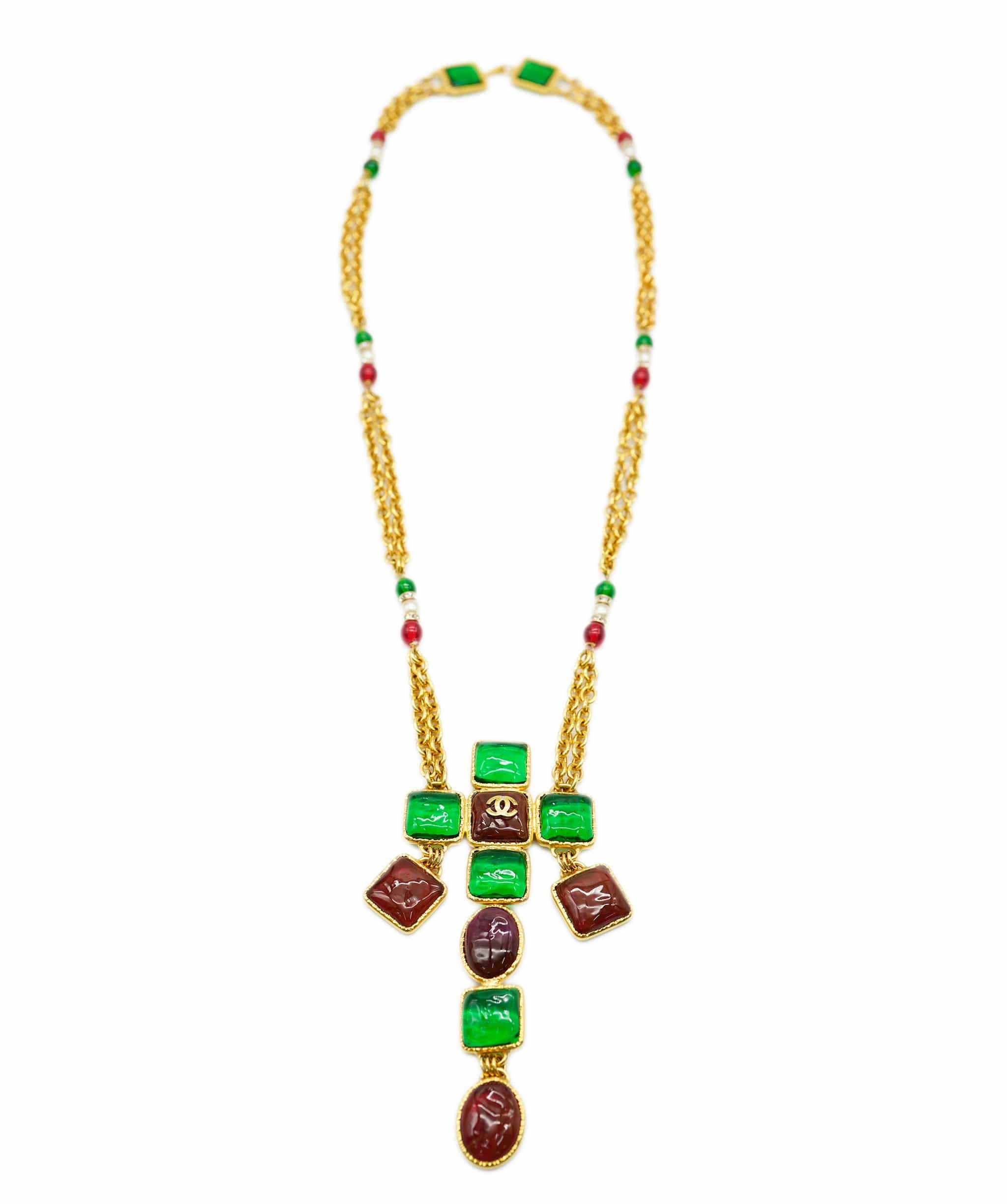 Chanel Chanel Red Green Gripoix Cross Necklace DBXS1265