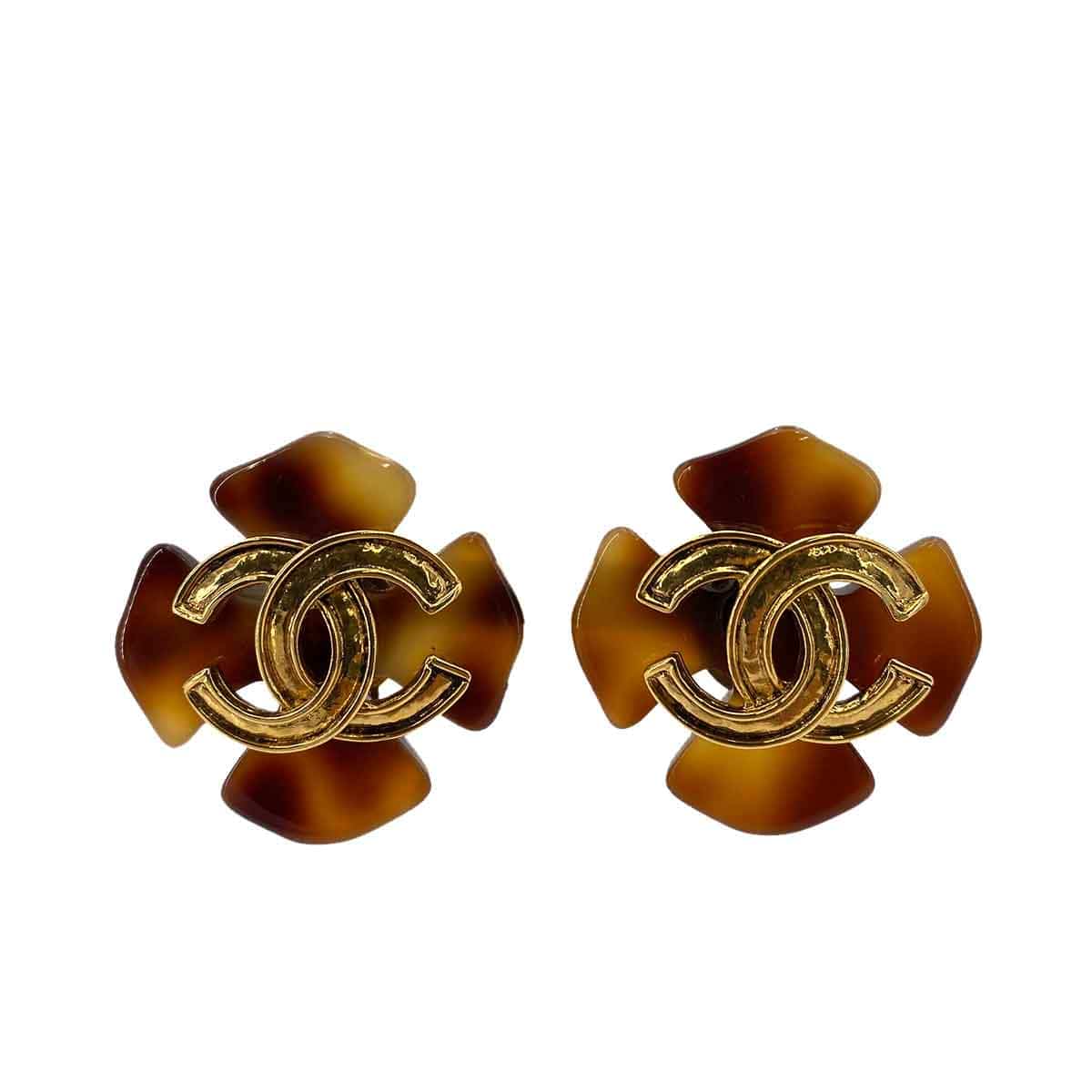 Chanel Chanel Vintage Earrings (Clip-On) TORTOISESHELL CLOVER MOTIF COCOMARK ACCESSORY 94P DXBS4475
