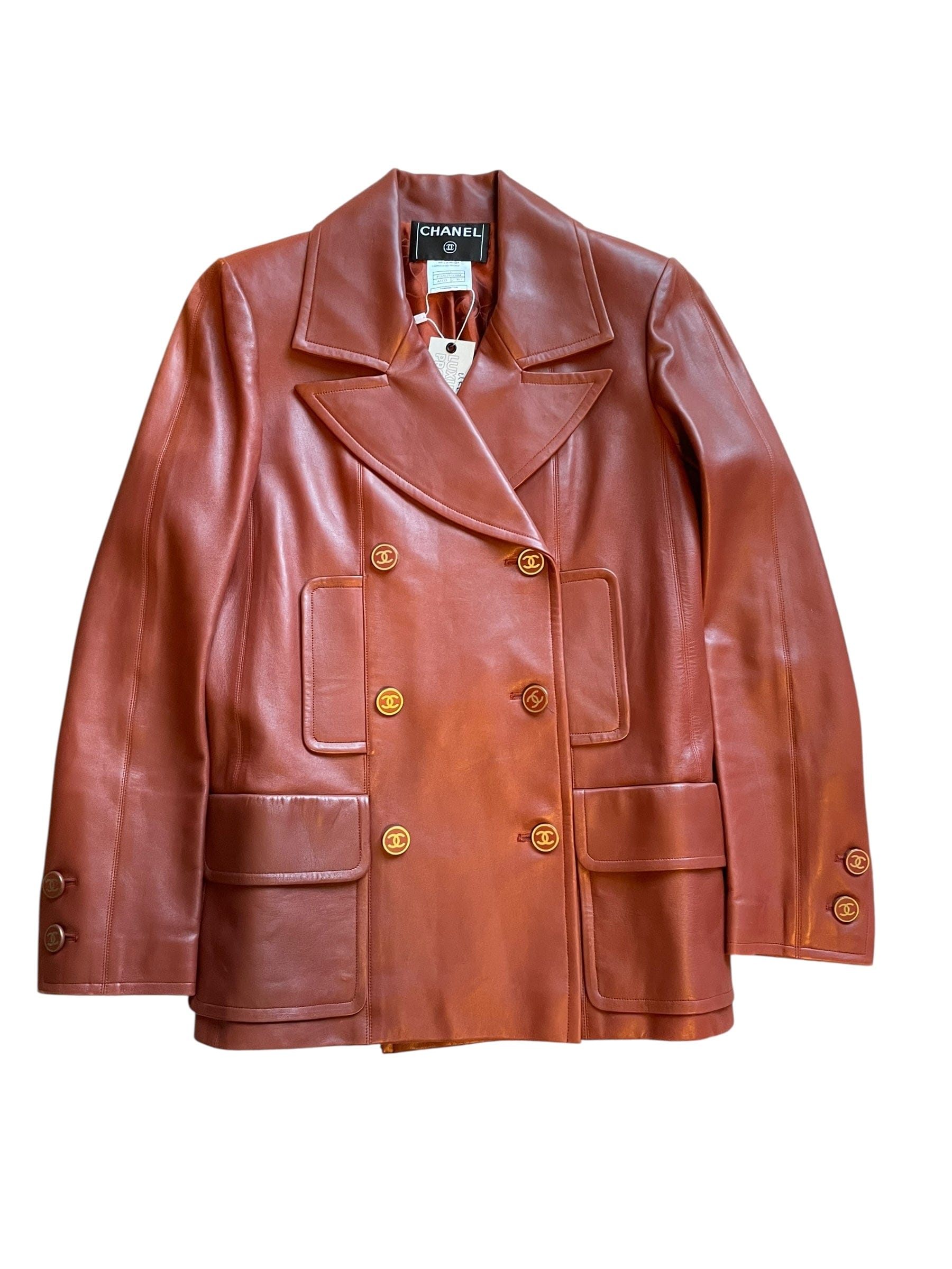 Chanel CHANEL VINTAGE COGNAC LEATHER BLAZER JACKET WITH CC BUTTONS DOUBLE BREASTED UKL1339