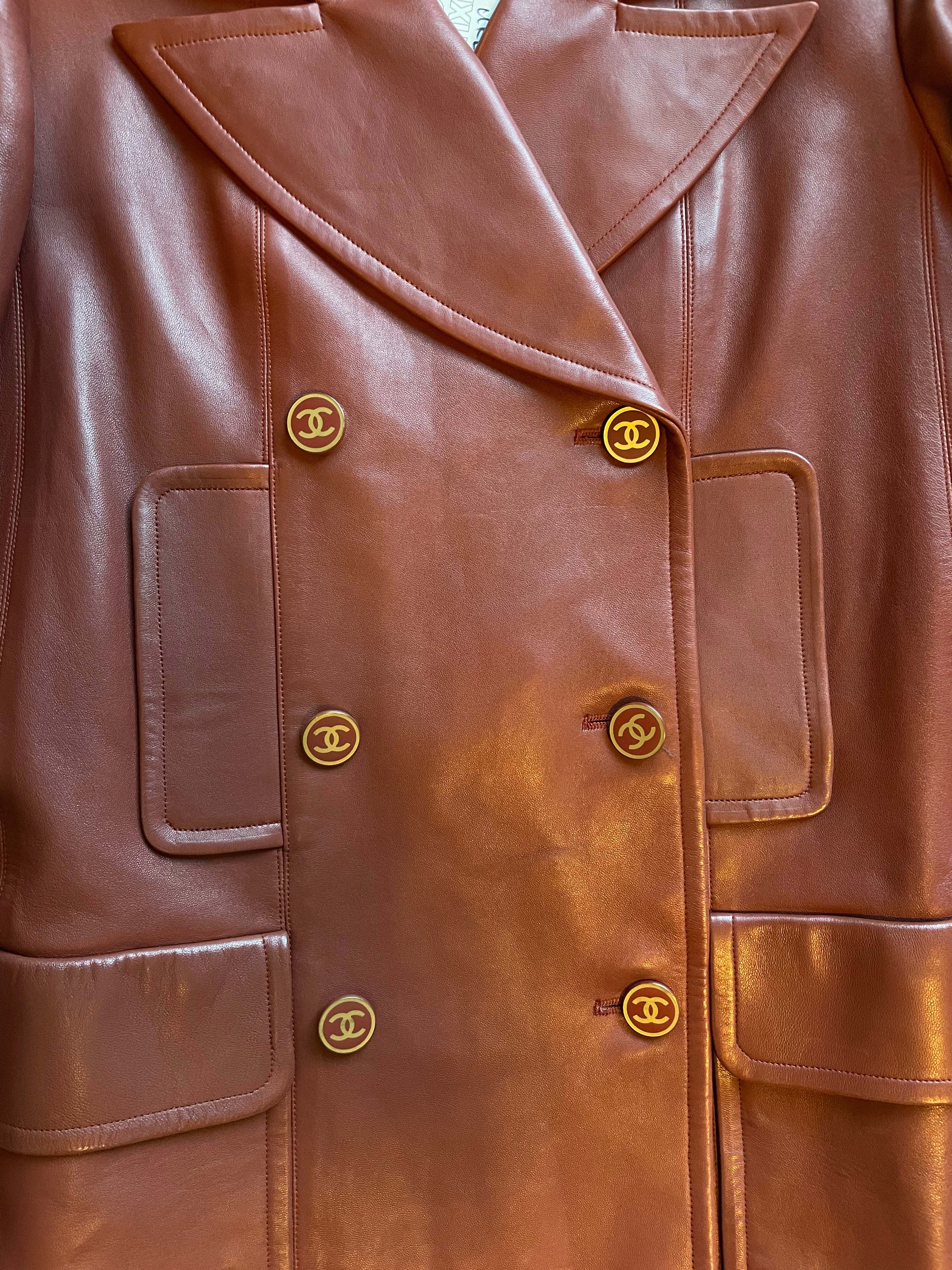 Chanel CHANEL VINTAGE COGNAC LEATHER BLAZER JACKET WITH CC BUTTONS DOUBLE BREASTED UKL1339