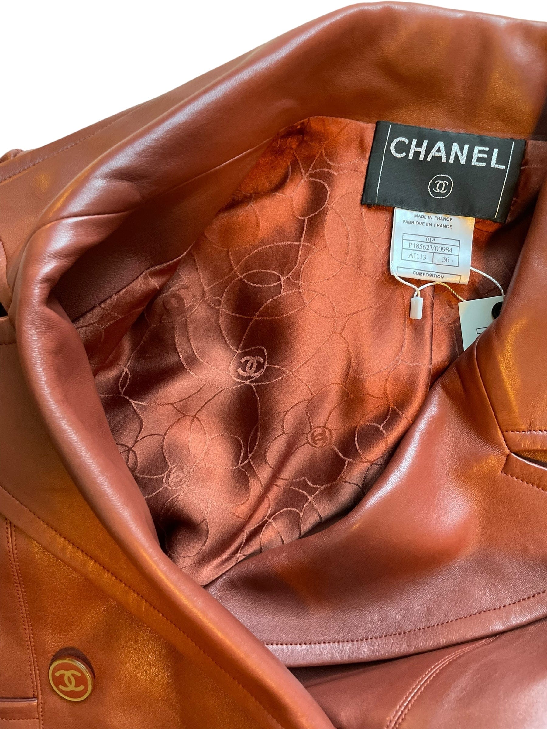 Chanel CHANEL VINTAGE COGNAC LEATHER BLAZER JACKET WITH CC BUTTONS DOUBLE BREASTED UKL1339