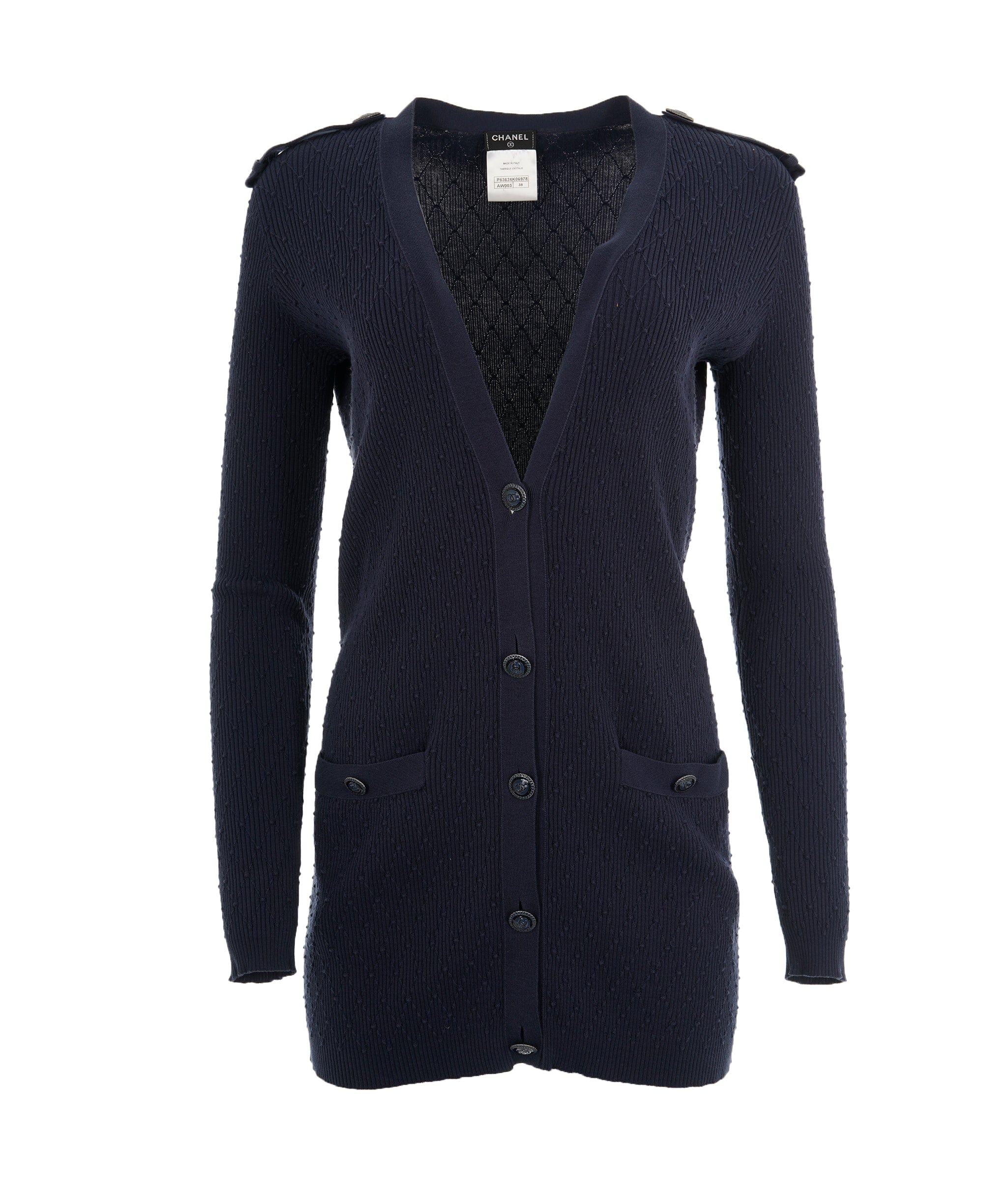 Chanel Chanel 17 Navy Cotton Pointelle CC Button Long Sleeve Cardigan 38 ALL0849