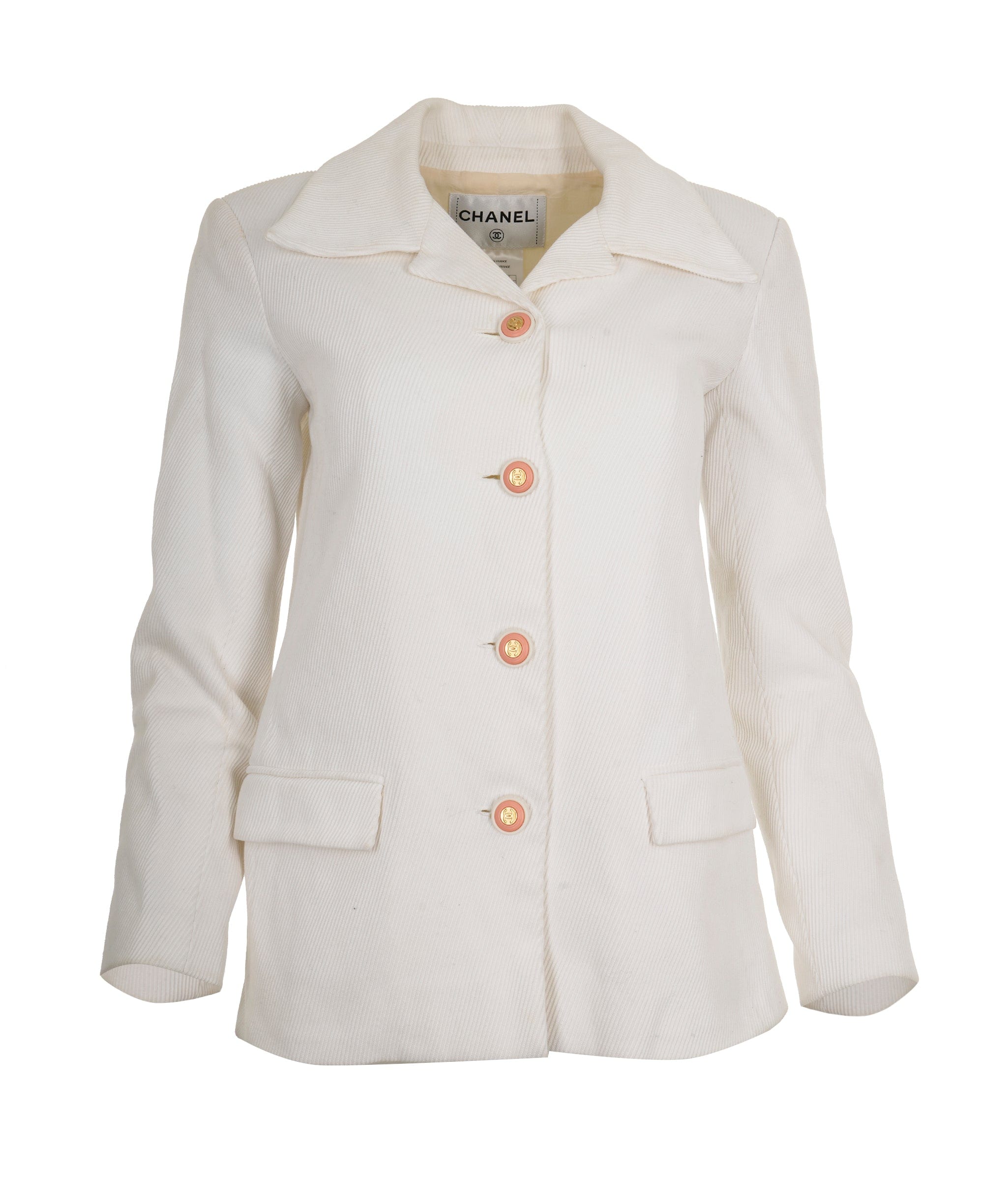 Chanel Chanel 2015 White Cotton CC Ribbed Blazer Jacket FR40 AGC2202