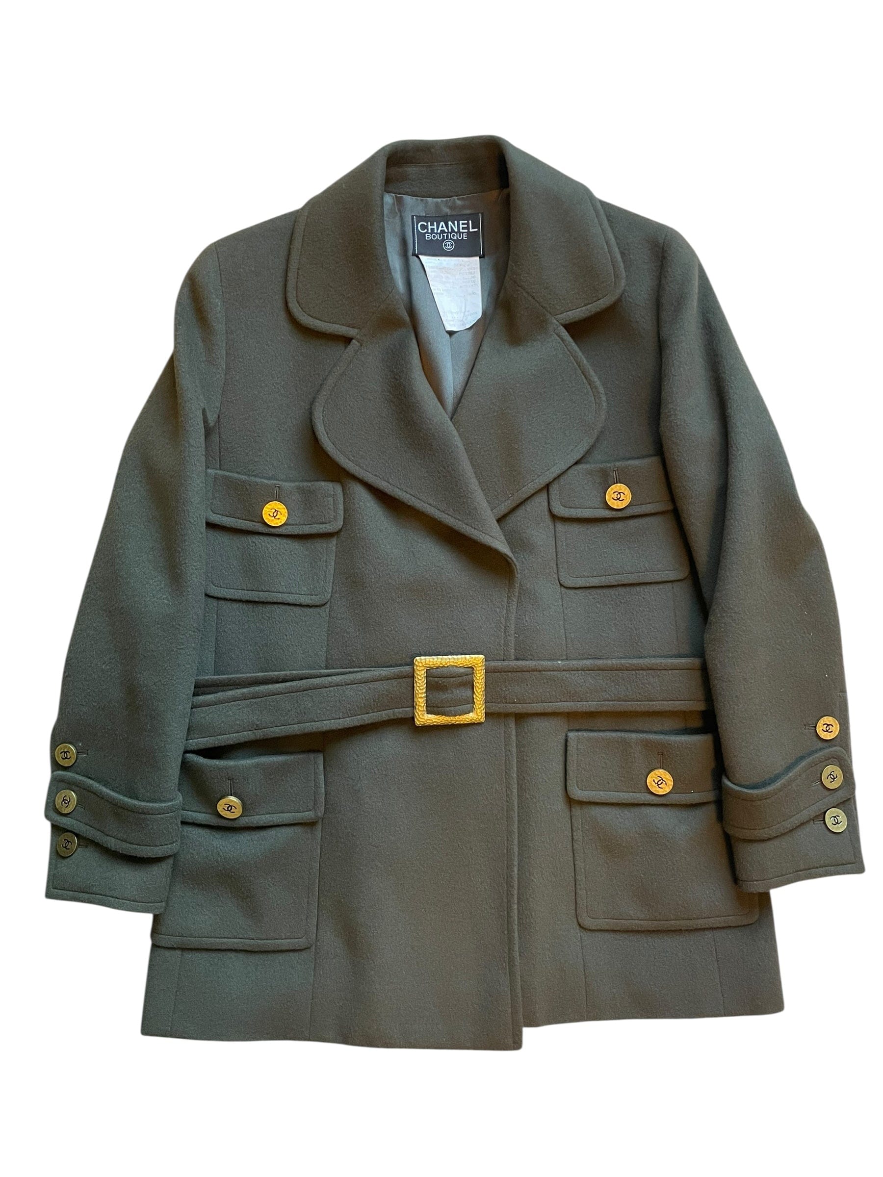 Chanel Chanel 94A CC Mark Logo Belted Jacket 38 Khaki Gold Cashmere DXBK0549