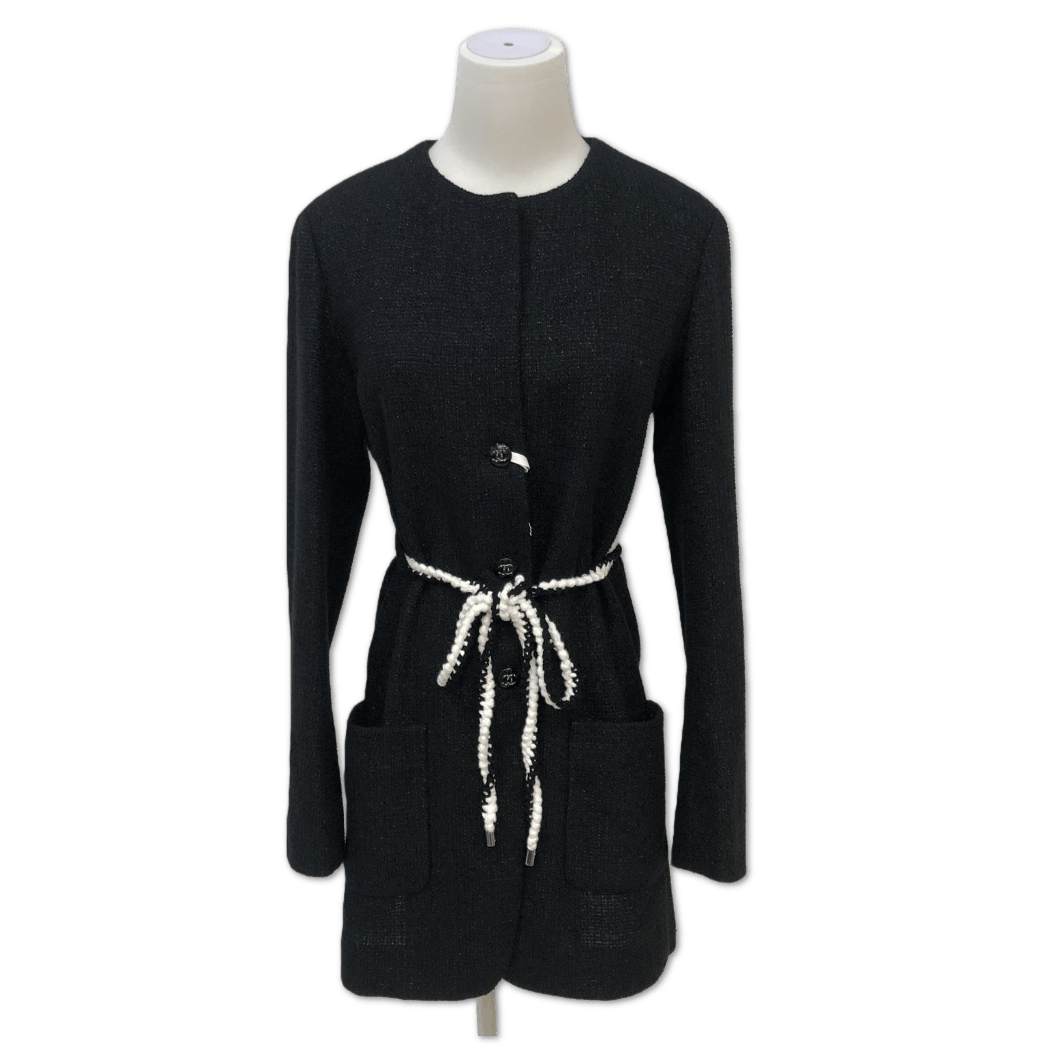 Chanel Chanel Black Tweed Braided Tie-Waist Long Jacket size 36 C19187908205