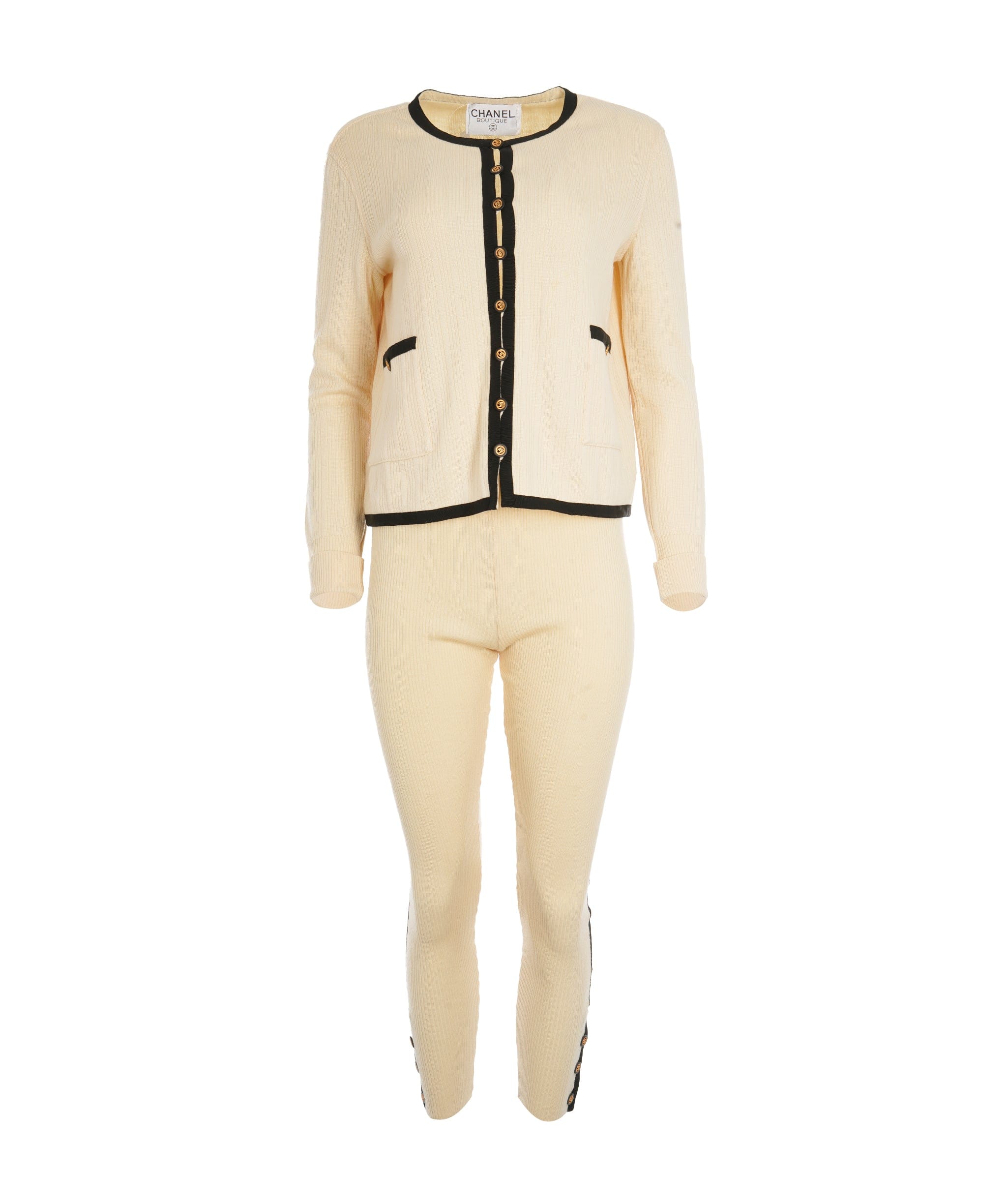 Chanel Chanel CC Buttons Knit Jacket & Pants Set Cream ASL10612