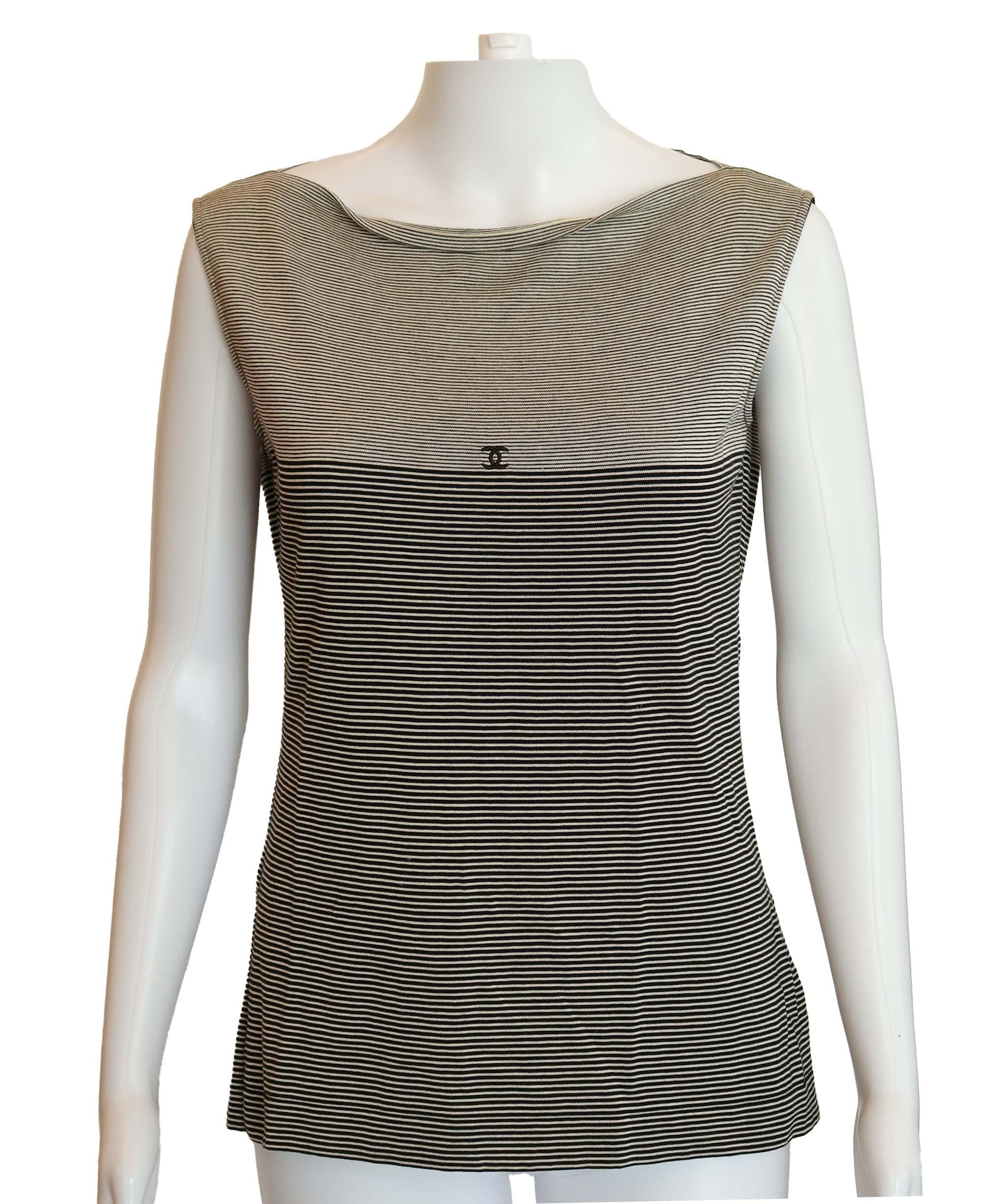 Chanel Chanel CC Logo Stripped Tshirt Black White DXBS4308