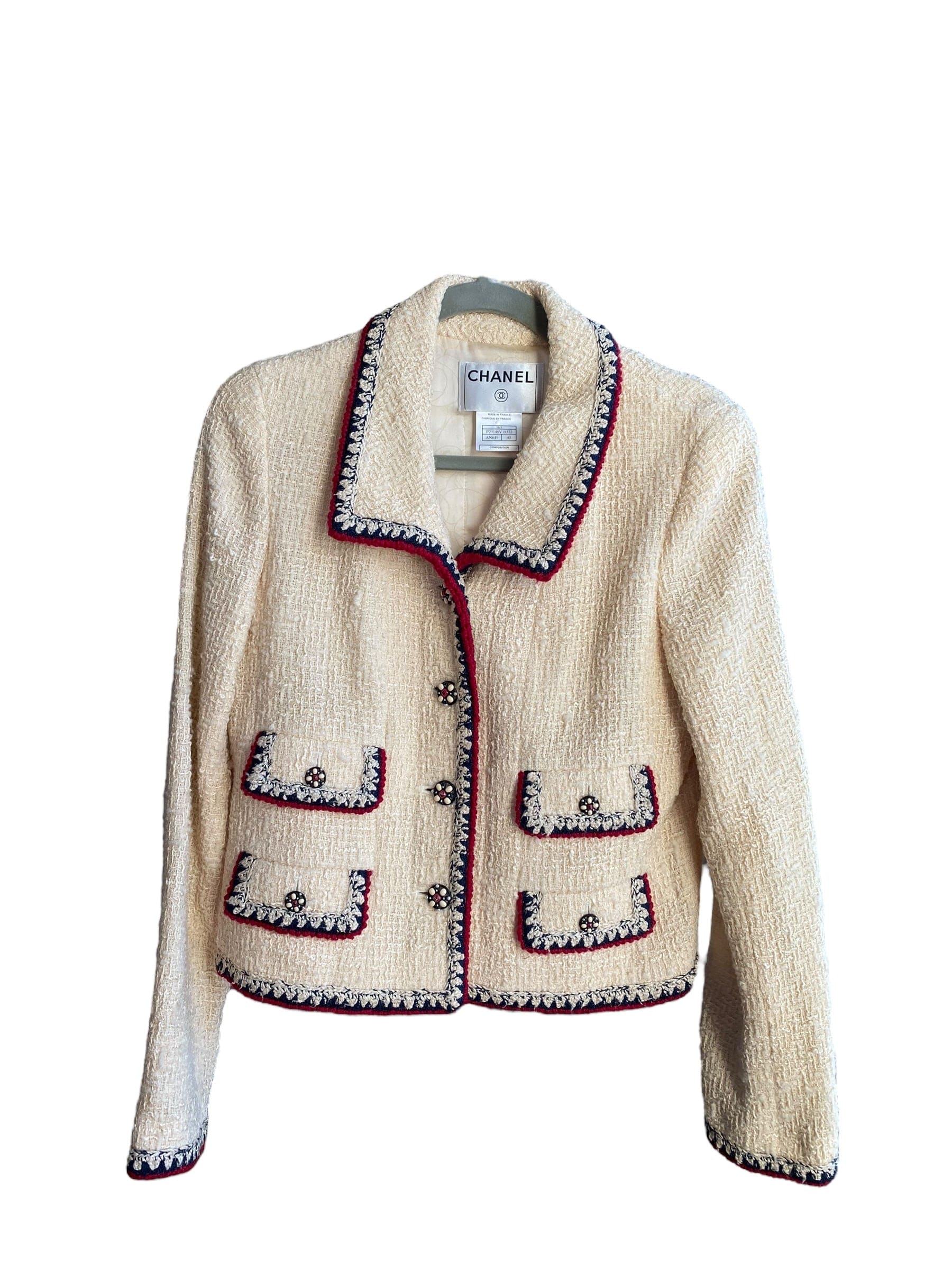 Chanel Chanel Cream Tweed Jacket with Navy & Red Trim from 06A Metiers D'art Collection DXBK0208