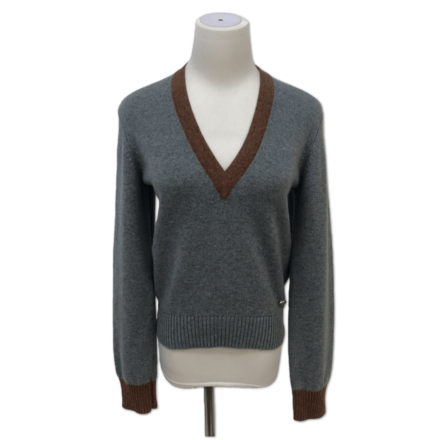Chanel Chanel Grey V-Neck Brown-Trim Knit Sweater size 36 C19183438372