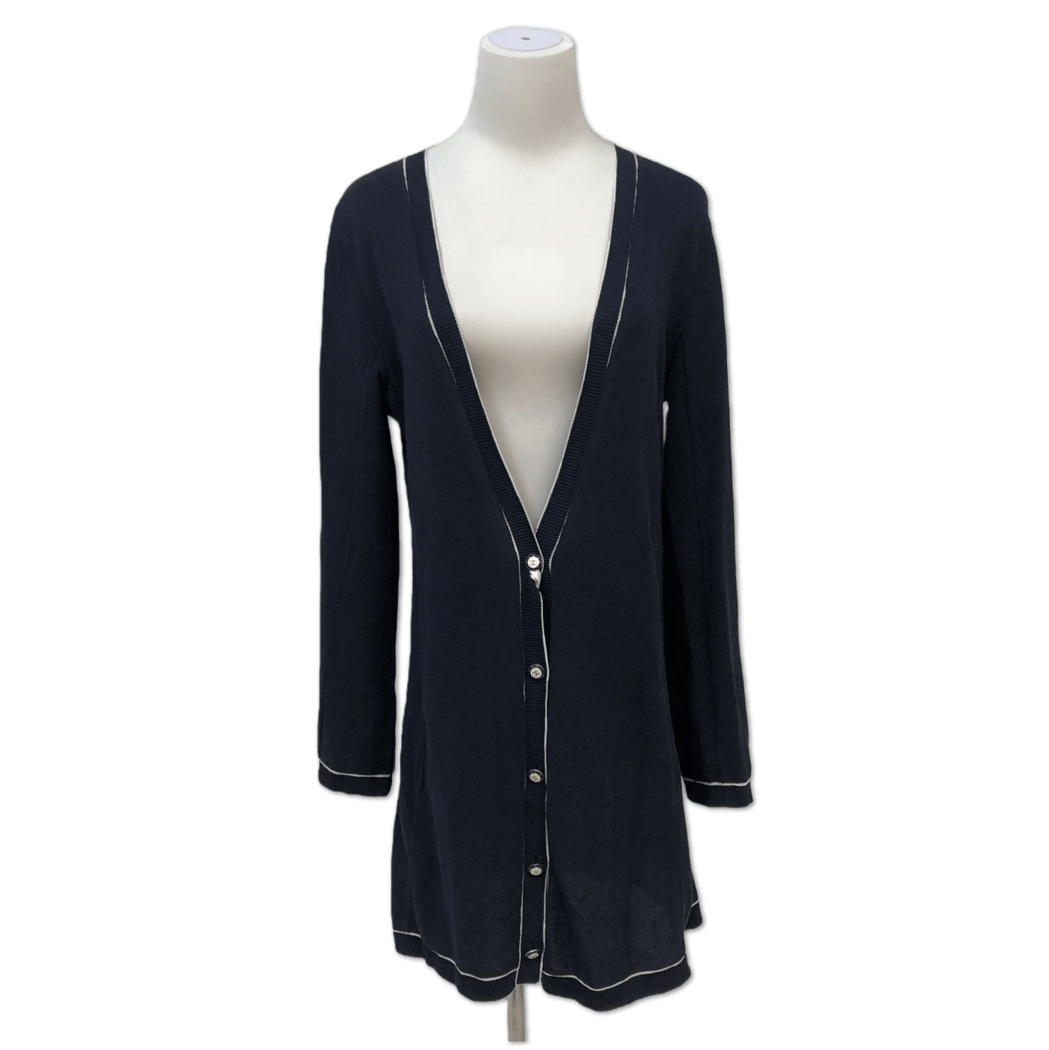 Chanel Chanel Navy Contrast-Trim Longline V-Neck Cardigan size 40 C18945862042